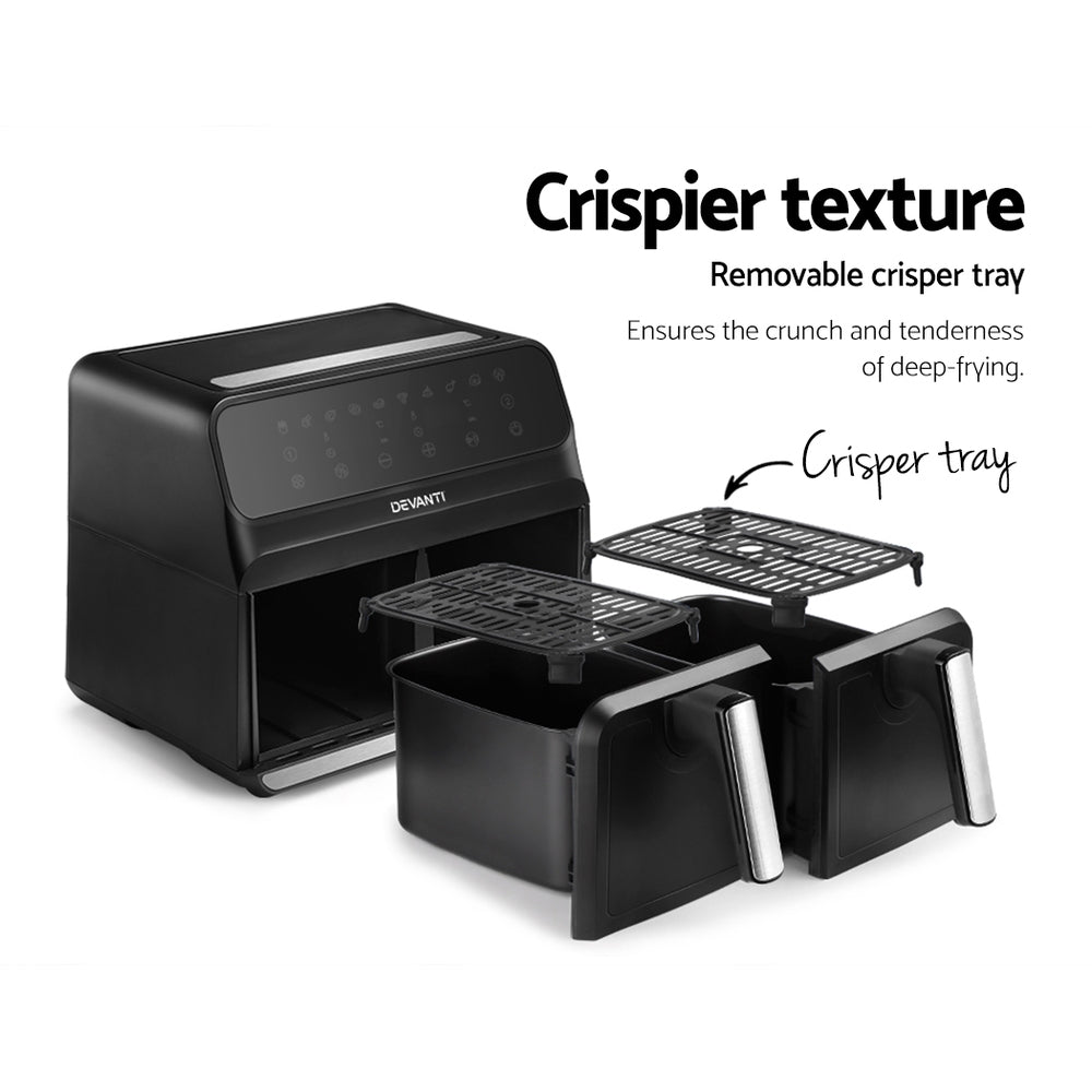 Devanti 8L Dual Zone Air Fryer - Large Capacity, 2 Independent Baskets for Healthy Frying - Perfect for Family Meals, Parties & Quick Snacks
