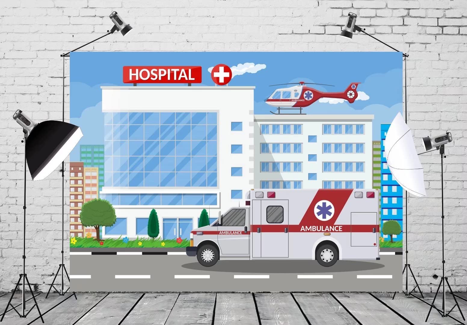 7x5ft BELECO Cartoon Ambulance & Hospital Building Backdrop - Doctor Nurse Themed Fabric Background for Healthcare Workers, Studio Props, Hospital Play Party Decoration - Perfect for Kids Birthday Parties, Medical Events & Photography Studios