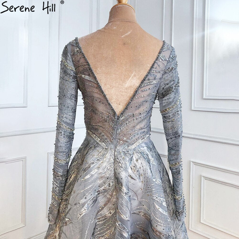 Serene Hill Grey A-Line Luxury Evening Dress with Lace & Beaded Crystal Details - Elegant Women's Party Gown for Prom, Wedding & Formal Events 2025 Collection | LA71171