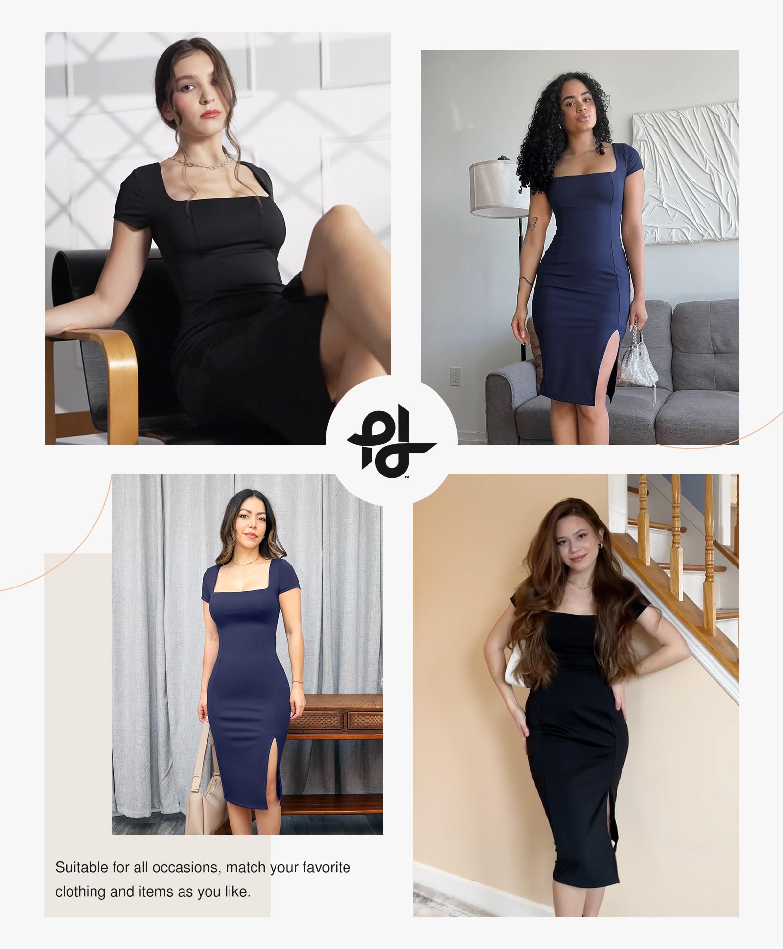 Popilush Women's Summer Cocktail Dress with Shapewear - Bodycon Midi Dress, Short Sleeve & Square Neck - Perfect for Parties, Date Nights & Special Occasions