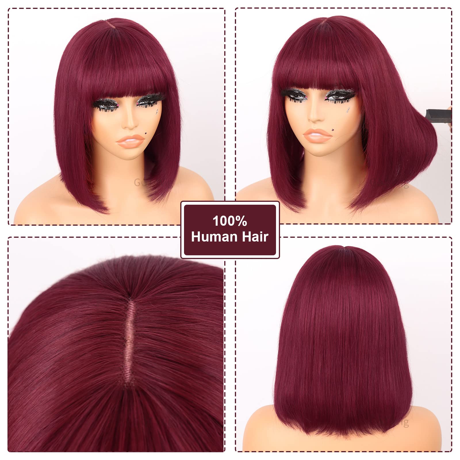 G&T Wig 99J Burgundy Straight Human Hair Lace Bob Wig with Bangs - 12 Inch Short Glueless HD Lace Front Wig for Black & White Women - Realistic Blunt Cut for Daily Wear, Parties & Cosplay