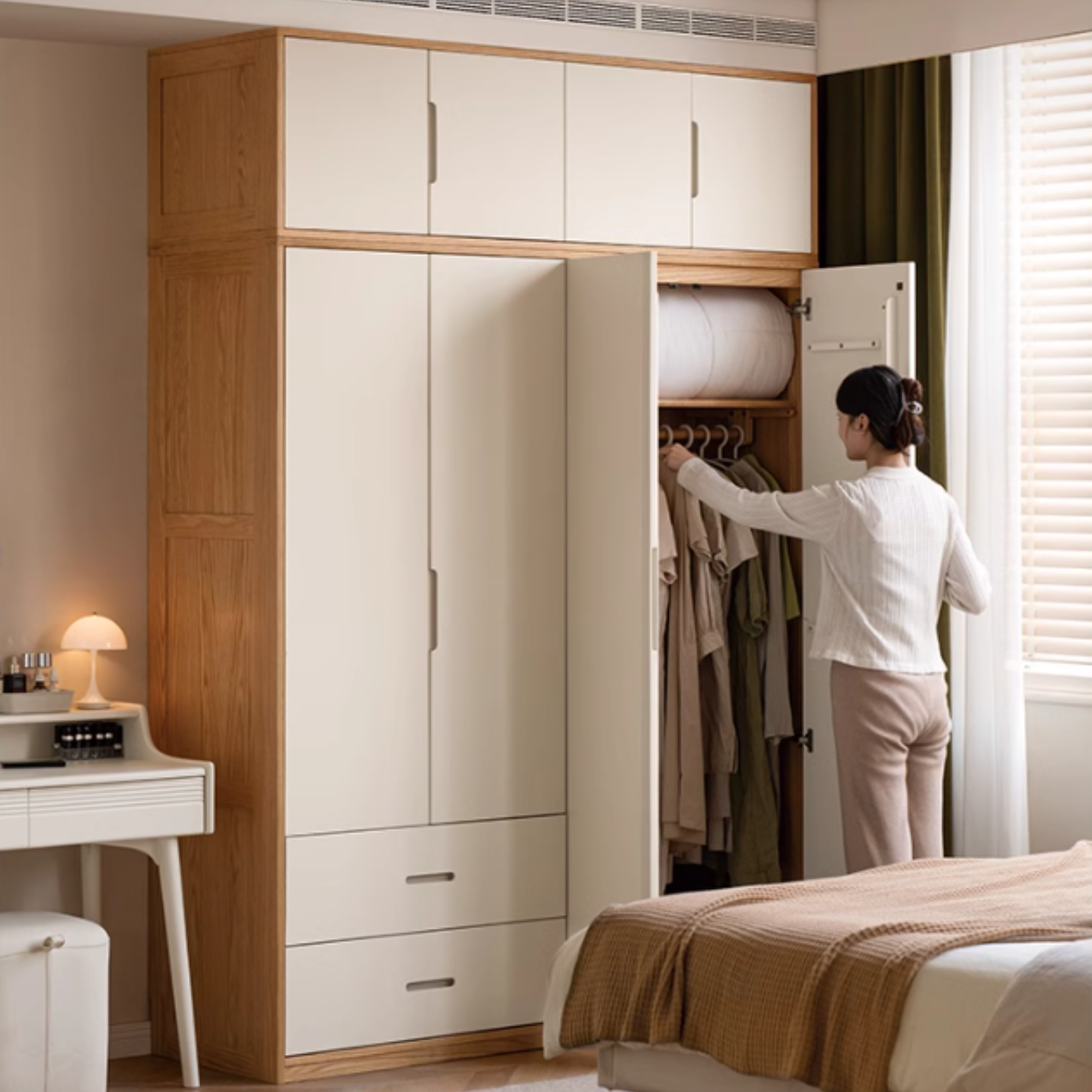 Solid Oak Wood Wardrobe & Floor Cabinet Set - Durable Storage for Bedroom, Closet, and Living Room Organization