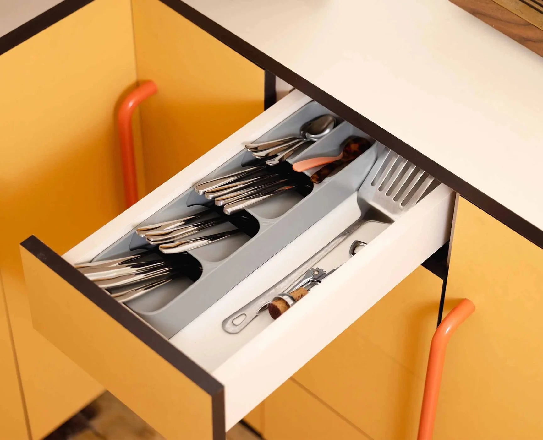DrawerStore Compact Cutlery Organizer - 6 Compartment Kitchen Utensil Tray for Forks, Spoons & Knives - Perfect for Kitchen Drawer Organization & Storage