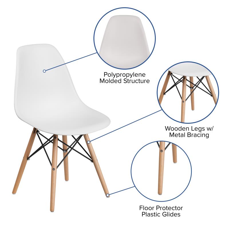 FLASH Elon Series White Plastic Chair with Wooden Legs - Modern Dining & Patio Furniture for Home, Restaurant & Outdoor Use