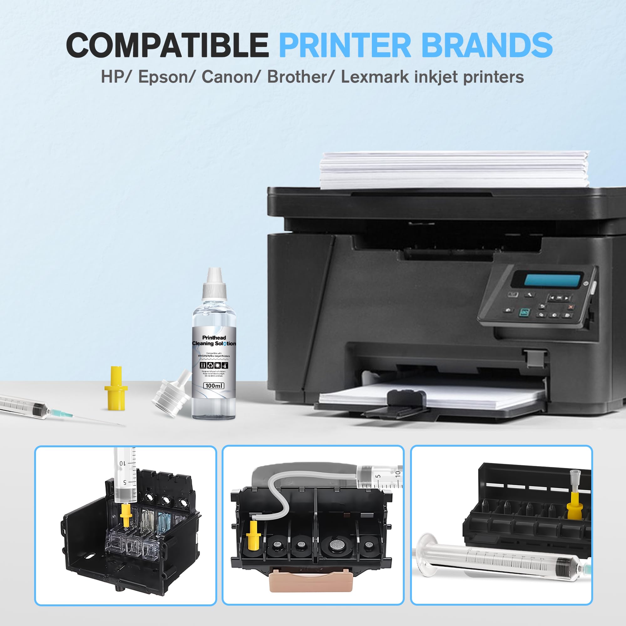 E-Z Ink Printer Cleaning Kit - Print Head Cleaner for Epson Ecotank, HP, Canon & Brother Inkjet Printers - 100ML Solution for Clogged Nozzles - Perfect for Home Office & Photo Printing Maintenance