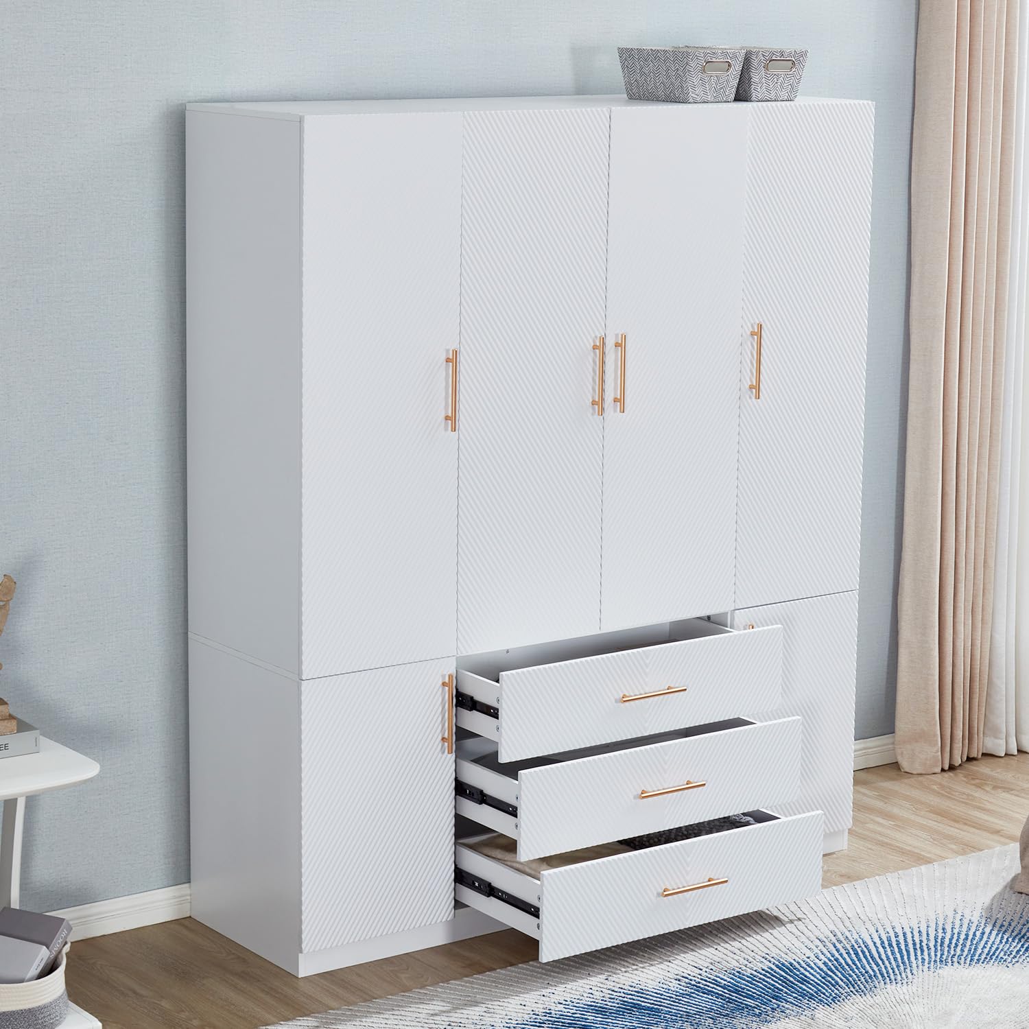 4-Door White Wood Armoire Wardrobe Closet with 3 Drawers - Spacious Storage Cabinet with Hanging Rod (63