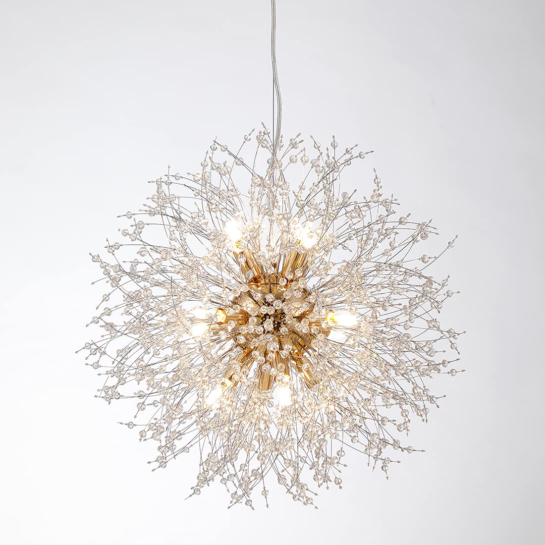 Lamparko Crystal Dandelion Chandelier - Modern Sputnik LED Pendant Light with Gold Finish, 12-Light Sunflower Farmhouse Lighting Fixture for Kitchen Island, Bedroom, Living Room (D55cm/21.65