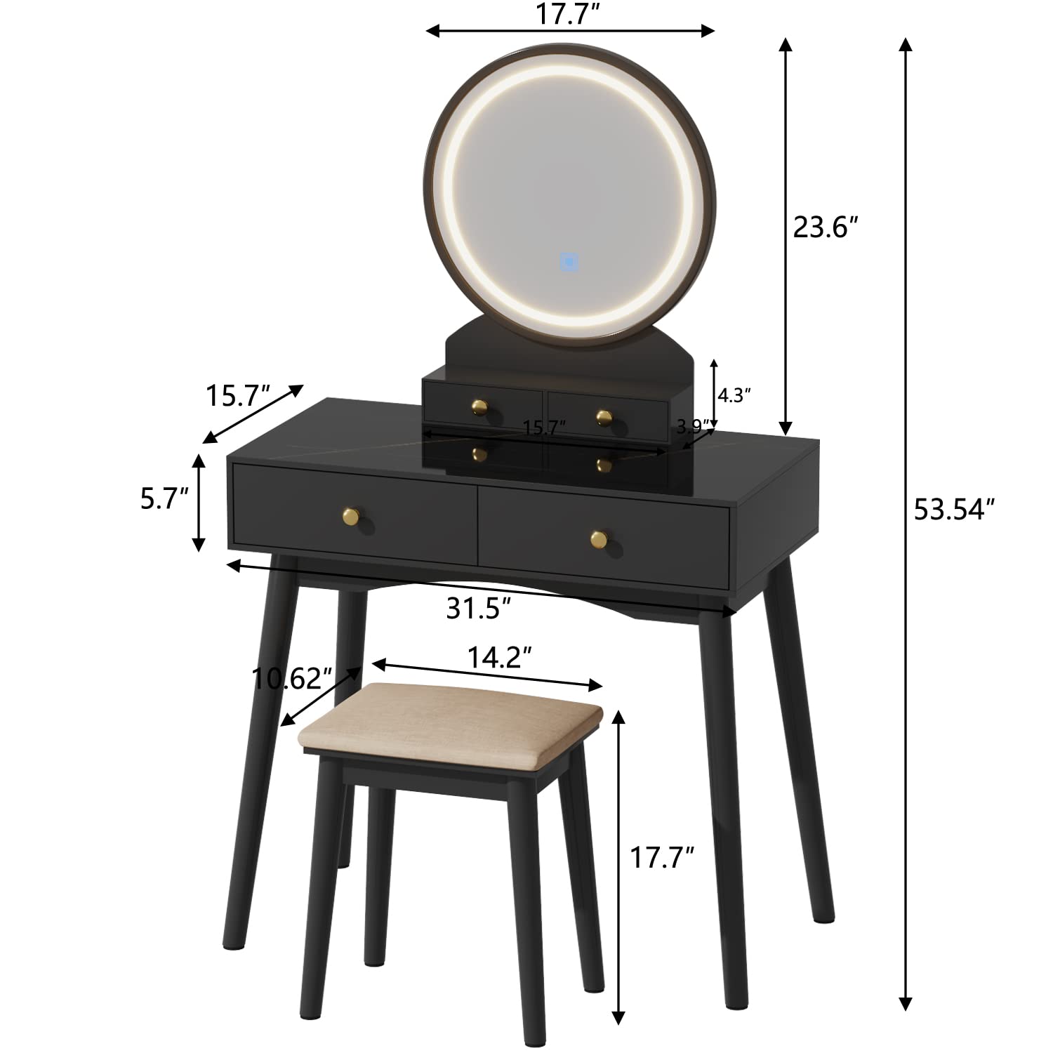 Furmax Modern Vanity Desk with LED Lighted Mirror, Makeup Vanity Table Set with Soft Cushioned Stool & 4 Storage Drawers - Adjustable Brightness, 3 Color Options (Black) | Perfect for Bedroom, Dressing Room & Home Beauty Station