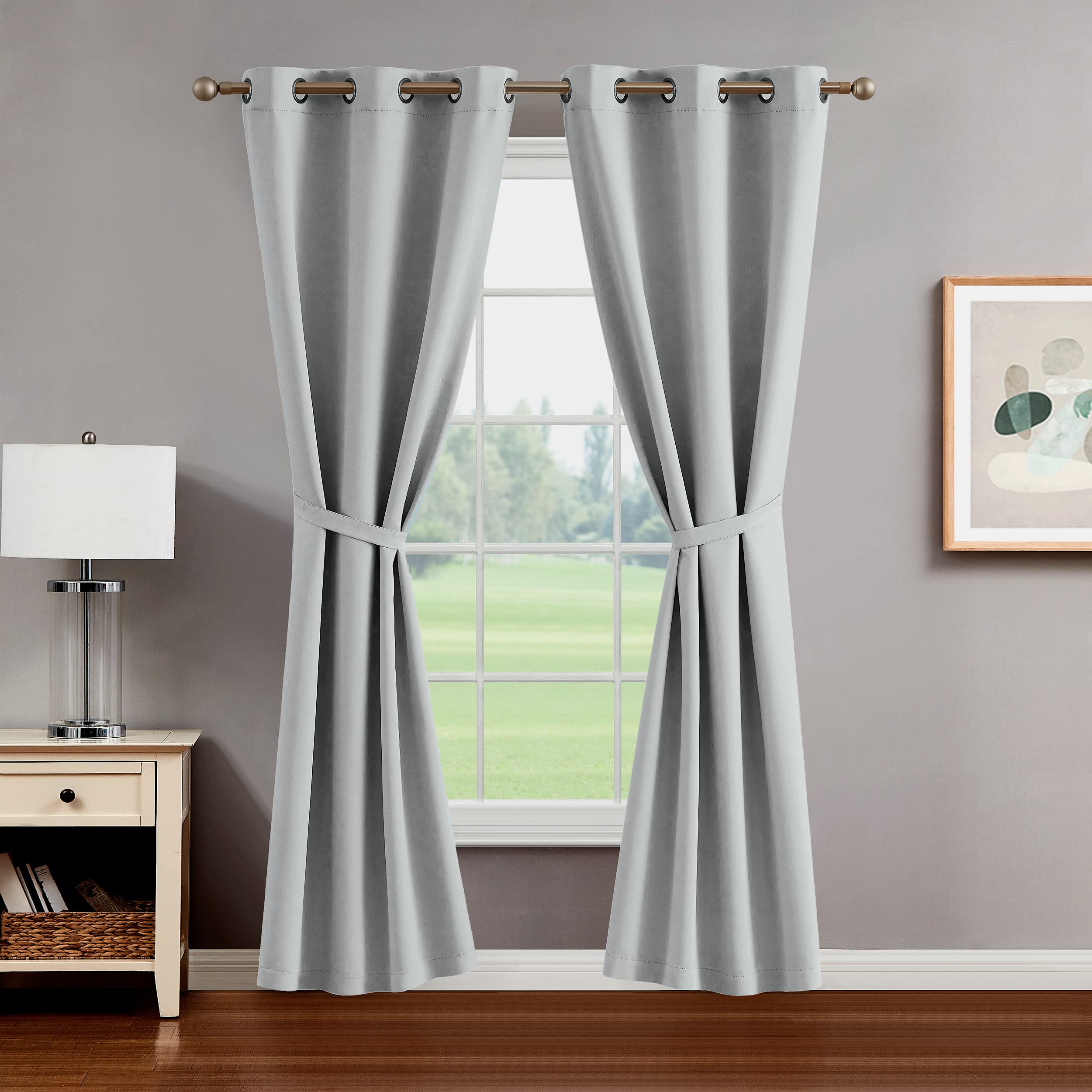 Thermal Insulated Room Darkening Curtains (2 Panels, 38x84 Inches, Light Grey) - Blackout Curtains with Grommets & Tiebacks for Bedroom, Living Room & Kitchen - Energy Efficient Window Treatment for Better Sleep & Temperature Control