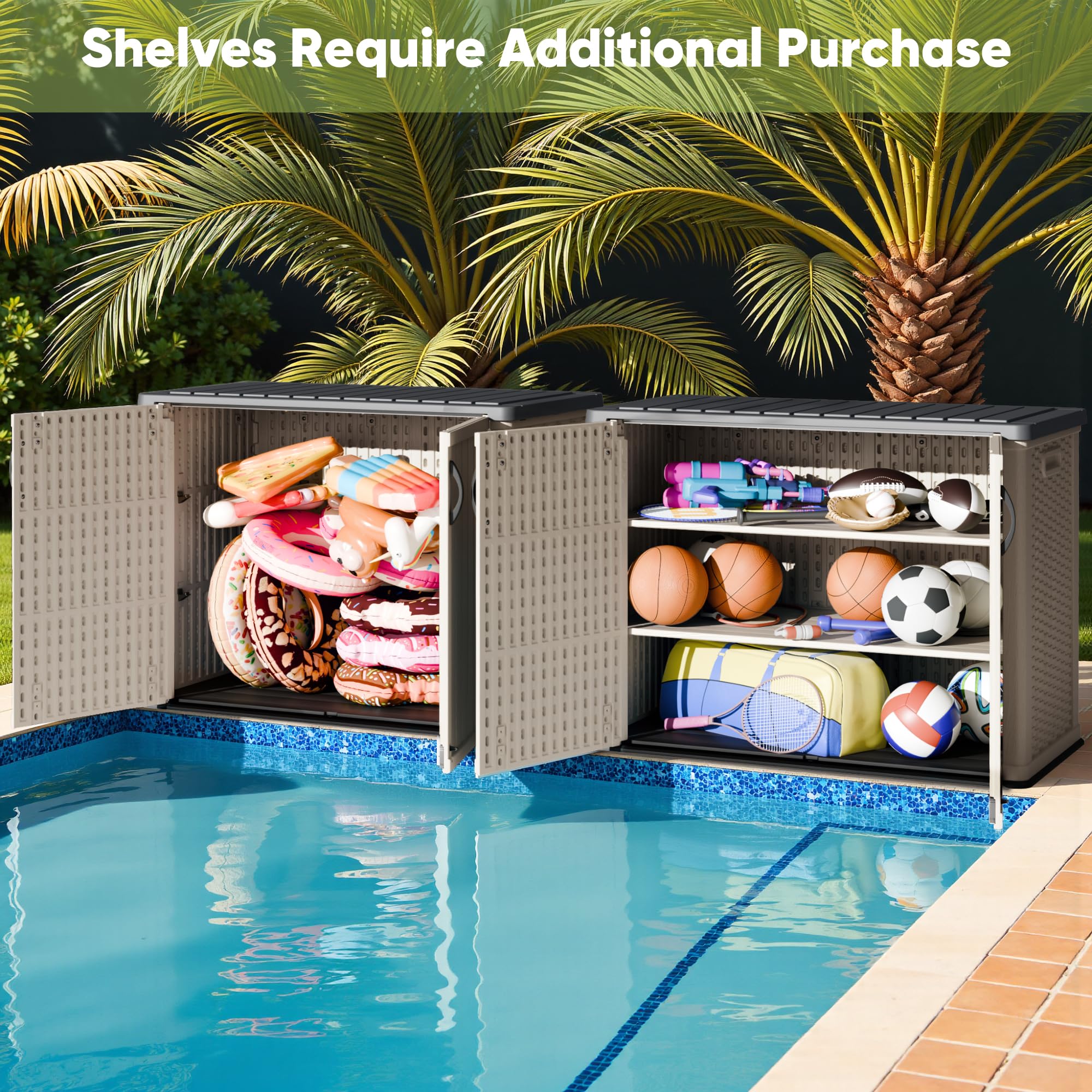 Devoko 26 Cu Ft Outdoor Storage Cabinet with Lockable Doors - Waterproof Horizontal Storage Shed for Patio, Garden Tools, Cushions & Accessories (Beige) | Perfect for Backyard, Garage & Poolside Organization