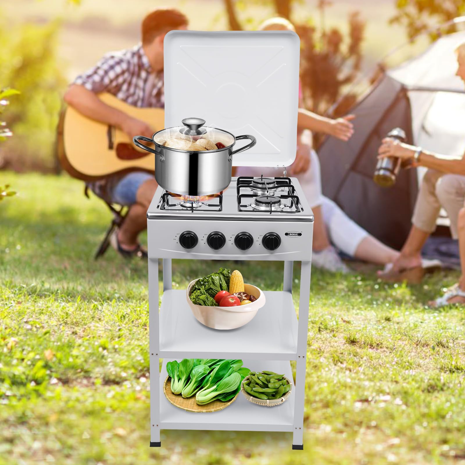 4 Burner Gas Stove - Heavy Duty Portable Outdoor Propane Stove with Wind Blocking Cover, Double Storage Shelves & Independent Knobs - Perfect for Camping, BBQ, Picnics & Backyard Cooking (White)