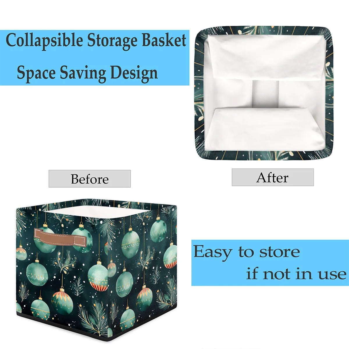 13 Inch Collapsible Storage Basket with Leather Handle - Green Holiday Charms Organizer Bin for Closet, Shelves & Home Decor | Perfect for Seasonal Decor, Bedroom Organization & Gift Wrapping Storage