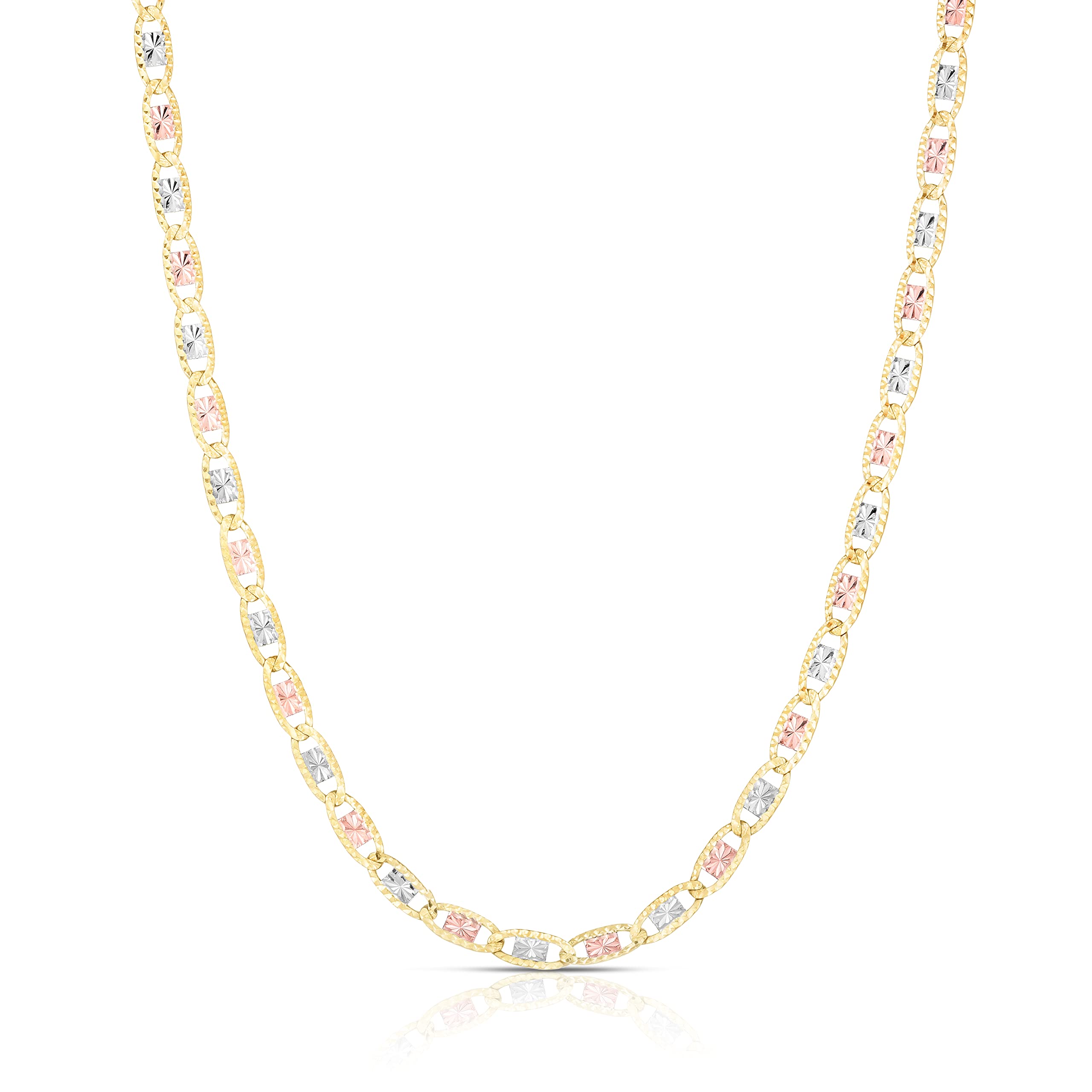 Floreo 10k Tri-Color Gold 2mm Valentino Link Chain Necklace for Women - Elegant Layering Piece for Everyday Wear, Date Nights & Special Occasions