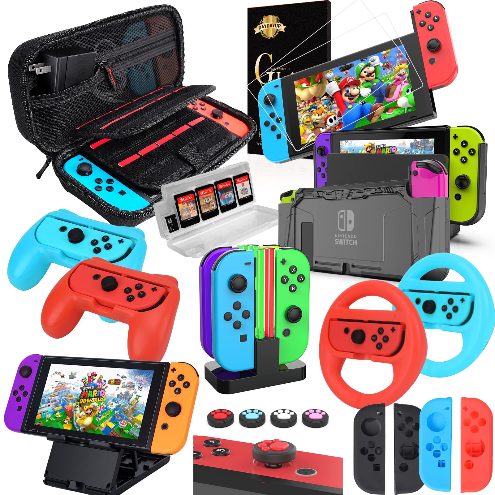 Deruitu 18-in-1 Nintendo Switch Accessories Bundle - Includes Carrying Case, Screen Protector, Playstand, Game Case, Joystick Caps, Charging Dock & Steering Wheel (Red) | Perfect for Travel, Gaming Parties & Home Entertainment