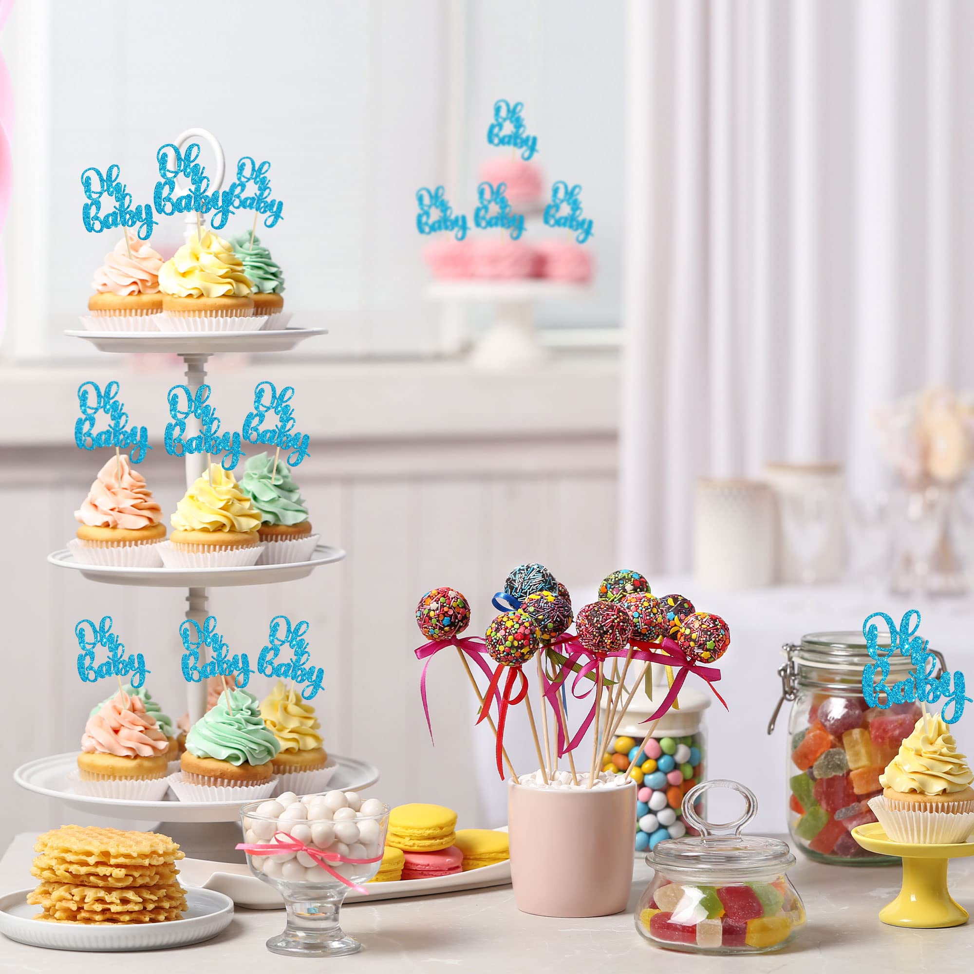 36 Pack Blue Glitter Oh Baby Cake Toppers - Cupcake Picks for Wedding, Birthday & Baby Shower Party Decorations | Perfect for Dessert Table, Baby Gender Reveal & Celebration Cakes
