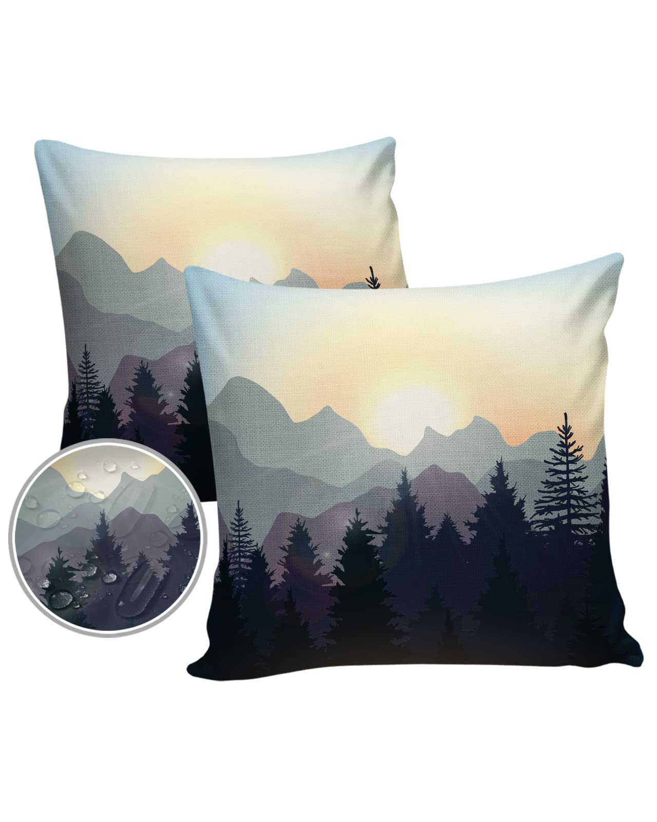 Waterproof Pillow Covers 24x24 Inches 2 Pack - Sunset Mountain Pine Tree Scenic Design for Outdoor Patio, Garden, Living Room Sofa, Couch, Bed & Car Decor | Durable Cushion Protectors for Home & Travel Use