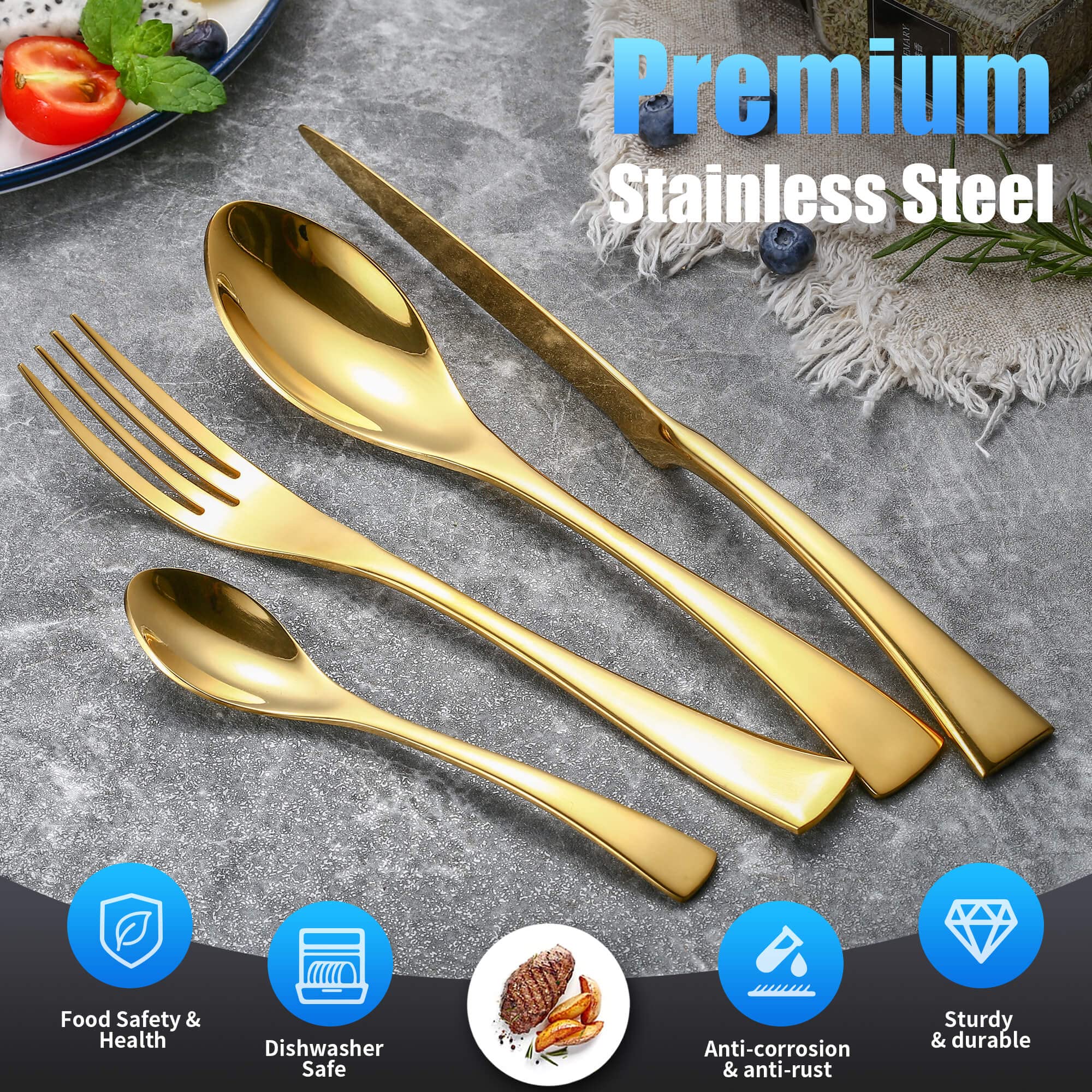 24-Piece Gold Silverware Set for 6 - Premium 18/10 Stainless Steel Cutlery Set with Forged Knife Stand | Modern Flatware Utensils Set Includes Forks, Spoons & Knives | Mirror Polished & Dishwasher Safe | Perfect for Dinner Parties, Weddings & Upscale Dining