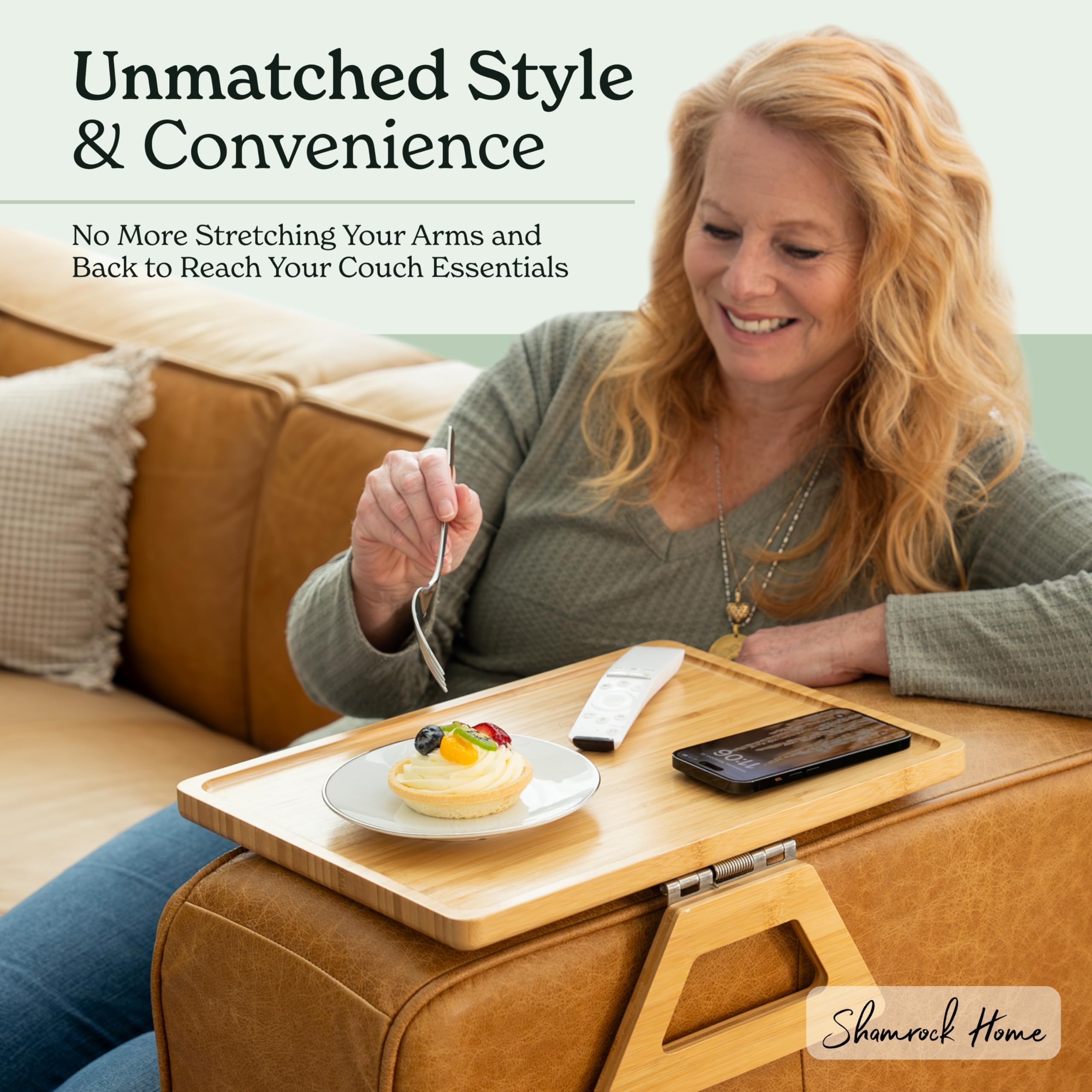 Shamrock Home Bamboo Clip-On Couch Arm Tray Table - 15.75 x 11 Inch Beige Sofa Side Table for TV Dinners, Drinks, Snacks & Remote Control - Perfect for Small Spaces, Living Room & Bedroom Use