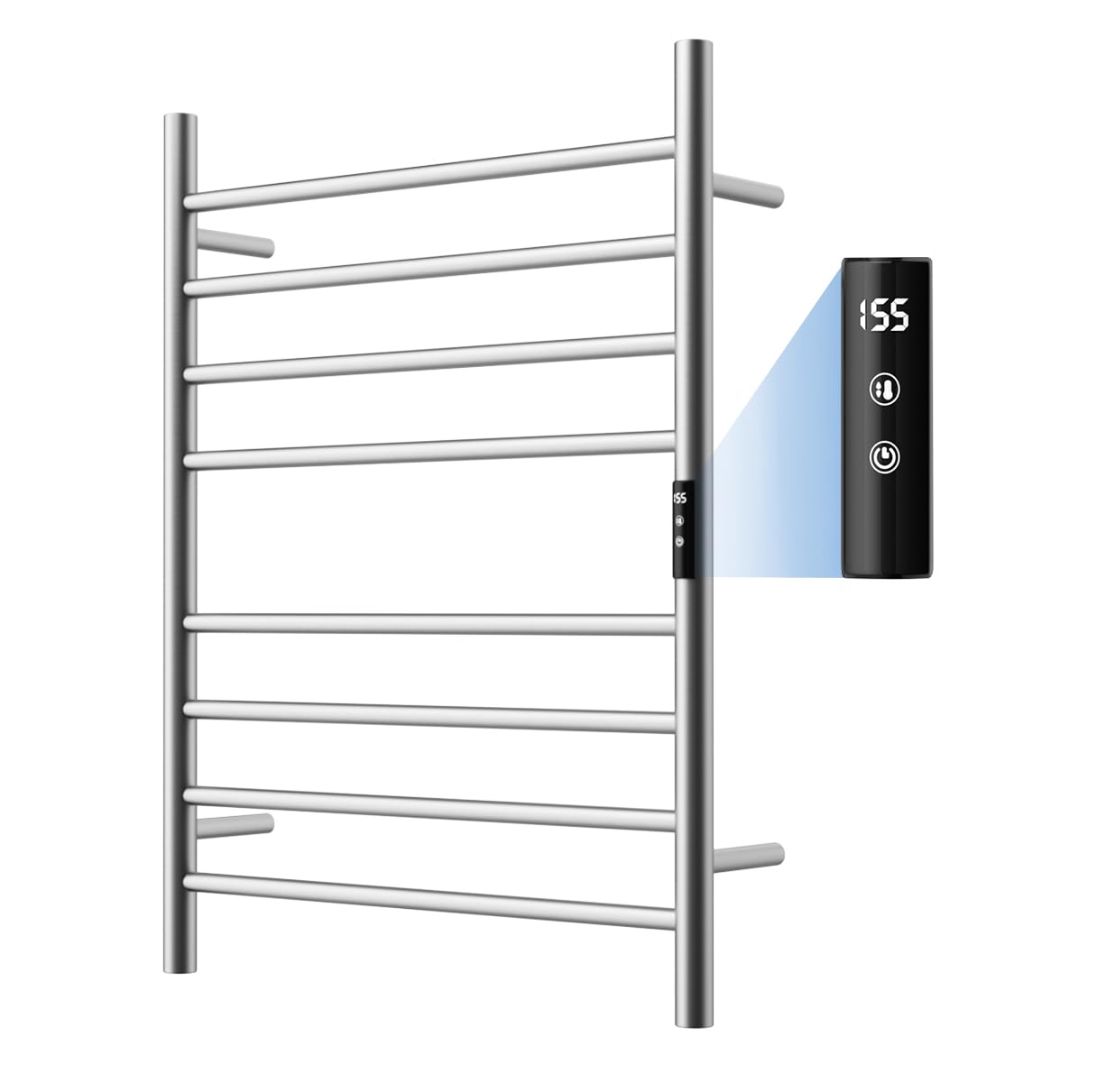 QAOYEDE 8-Bar Heated Towel Rack - Wall Mounted Bathroom Towel Warmer with Adjustable Timer & Temperature Control, Brushed Nickel Finish - Perfect for Spa-Like Luxury & Quick Drying (Plug-in Electric Design)