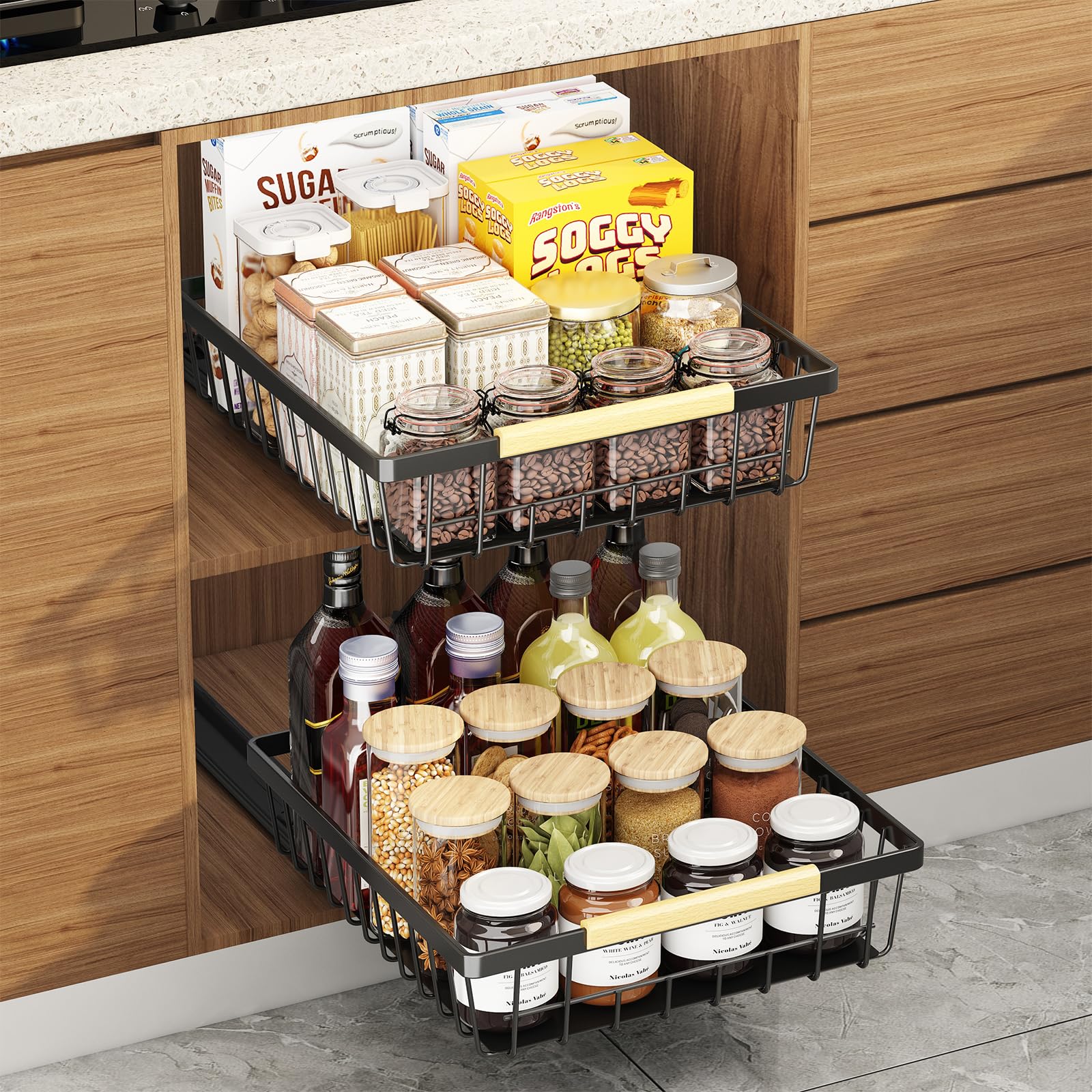 AUFWORLD 2 Pack Heavy Duty Pull Out Cabinet Organizer with Adhesive Nano Film - Slide Out Drawers for Kitchen Cabinets, Pantry & Bathroom Storage - Perfect for Spice Racks, Under Sink Organization & Closet Shelving (Black)