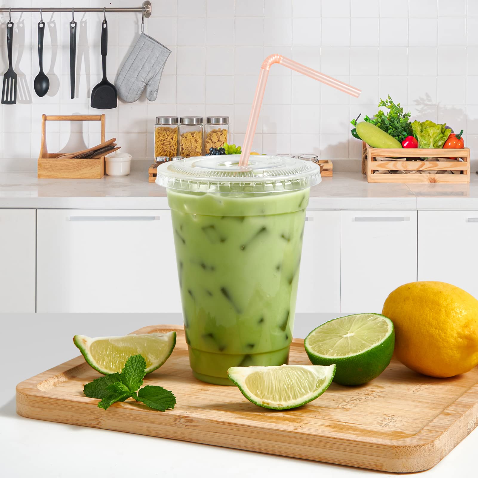 FOCUSLINE 200 Pack 16oz Clear Plastic Cups with Lids - Disposable Cold Drink Cups for Smoothies, Milkshakes, Bubble Tea, Parfait - Perfect for Parties, Restaurants, and Takeout