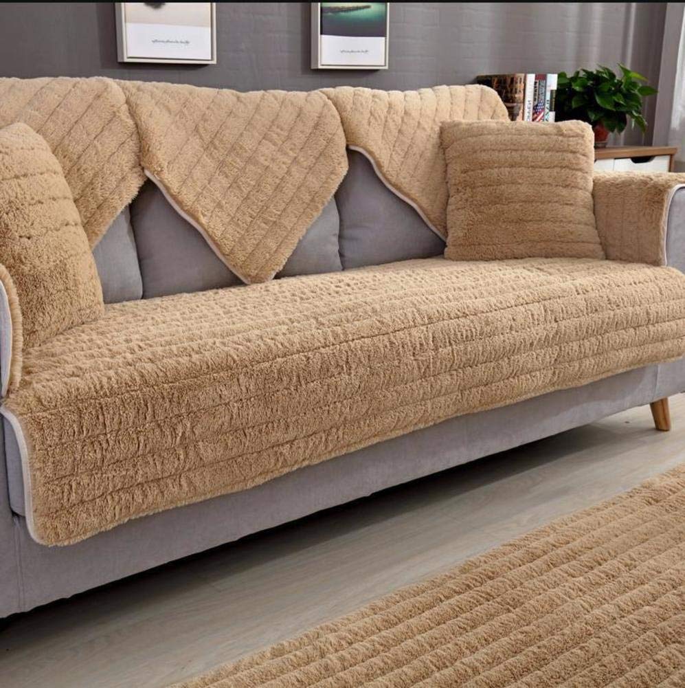 Nileco Plush Quilted Sofa Slipcover - Thick Winter Furniture Protector, Anti-Slip Sectional Couch Cover for Living Room - Light Brown 90x210cm (35x83inch) - Perfect for Home Decor, Pet Protection & Seasonal Style Update