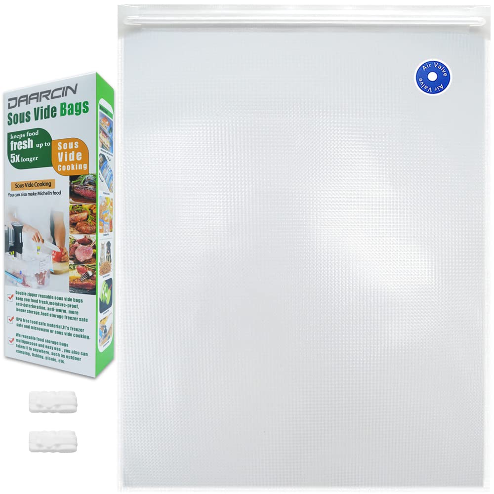 Premium Sous Vide Bags 15-Pack - BPA Free Reusable Vacuum Sealer Bags (10.2x15.7in) with 2 Sealing Clips - Perfect for Sous Vide Cooking, Meal Prep & Food Storage - Ideal for Home Chefs & Meal Preppers