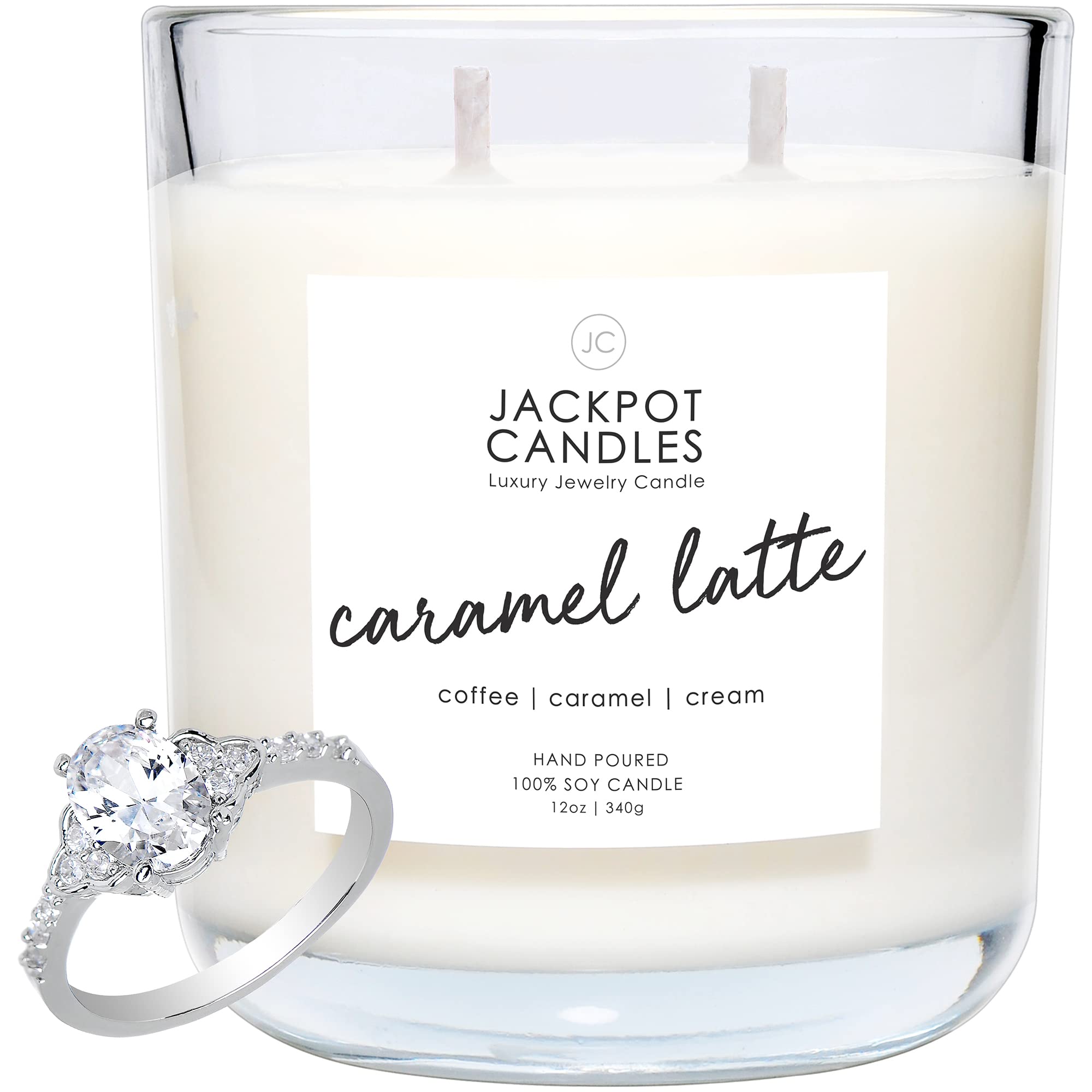 Jackpot Candles Caramel Coffee Latte Scented Candle with Hidden Ring Inside (Surprise Jewelry Prize Worth $15-$5,000) - Ring Size 6 - Perfect for Home Decor, Romantic Gifts & Self-Care Relaxation
