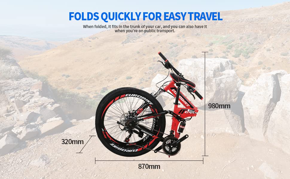 EUROBIKE 21-Speed Folding Bike for Adults - 26/27.5 Inch Dual Suspension Mountain Bike - Compact & Portable Commuter Bike for City Riding, Travel & Outdoor Adventures