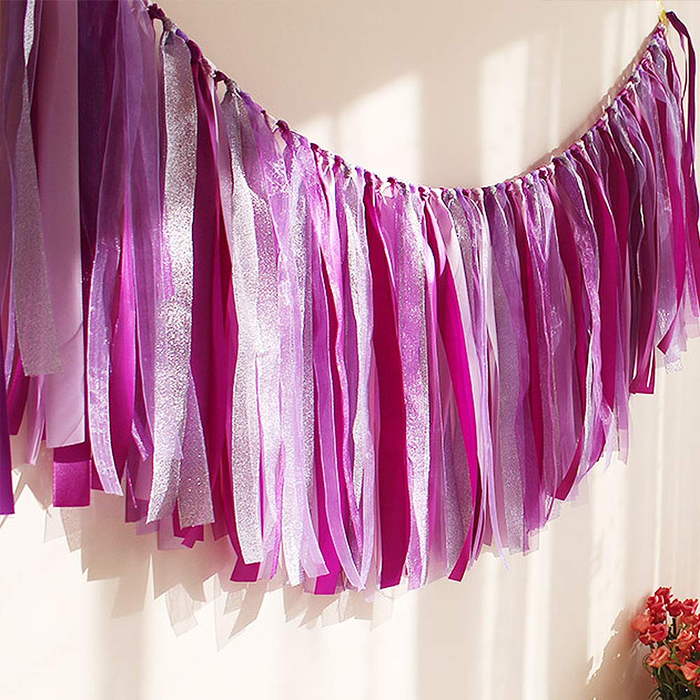 Binpeng Handmade Preassembled Ribbon Tassel Garland - 40x14 Inch Purple Fabric Shabby Chic Hanging Decor for Wedding, Baby Shower, Birthday Party & Home Decor | Perfect for Wall Decorations, Ceiling Draping, Photo Backdrops and Event Styling
