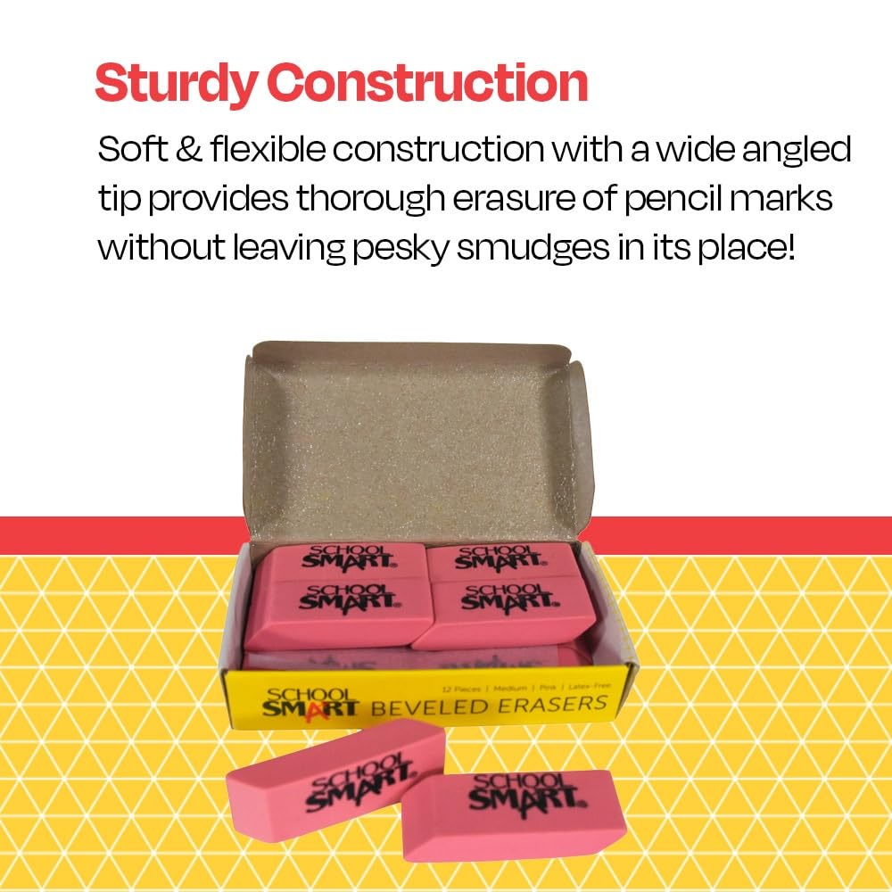 School Smart Beveled Block Erasers - Medium Size, Pink, Pack of 12 - Perfect for Classroom, Office & Art Projects