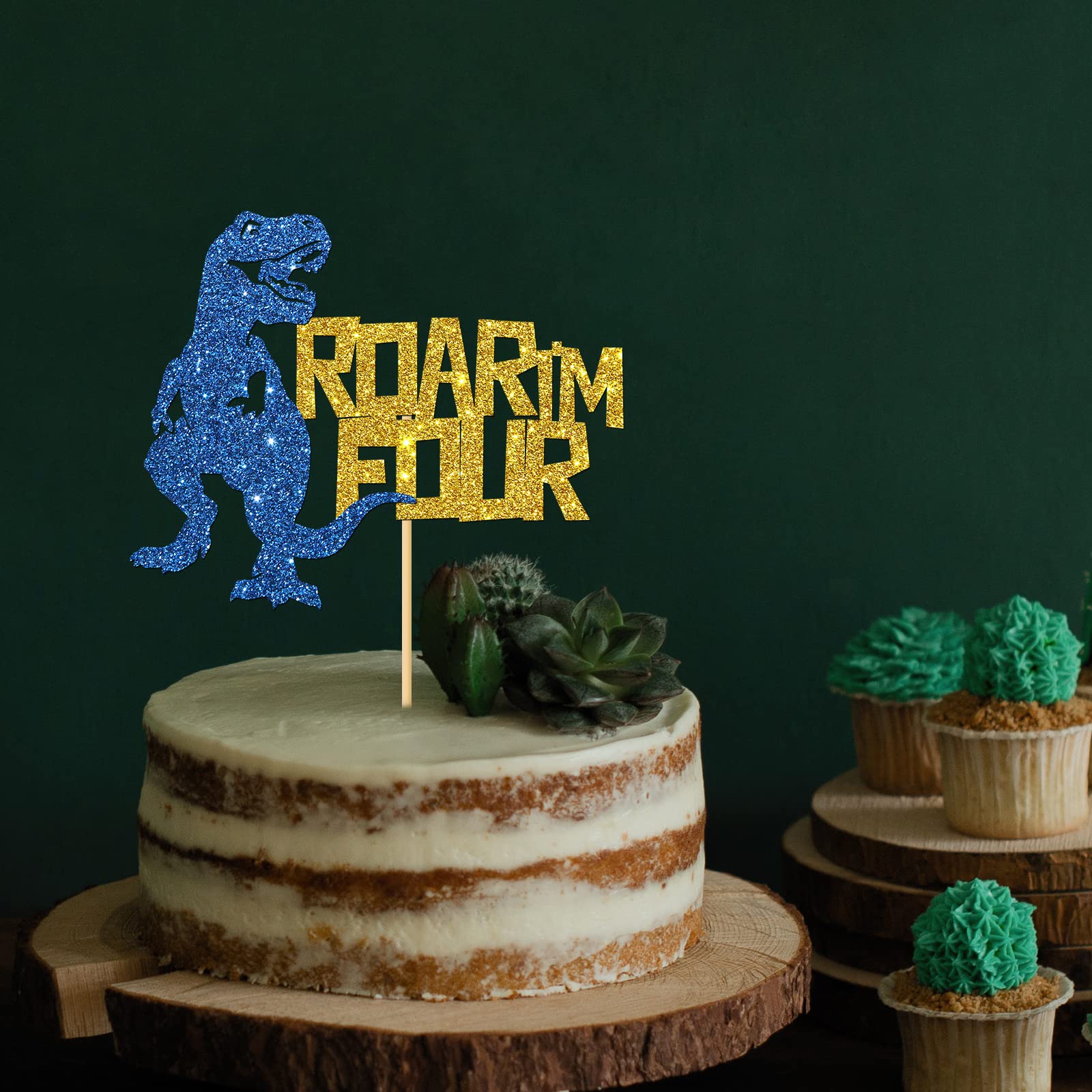 Dinosaur Cake Topper for 4th Birthday - Gold & Blue Glitter 'I'm Four' Cake Decorations for Boys | Perfect for Dinosaur Themed Birthday Parties, Baby Showers & Kids Celebrations