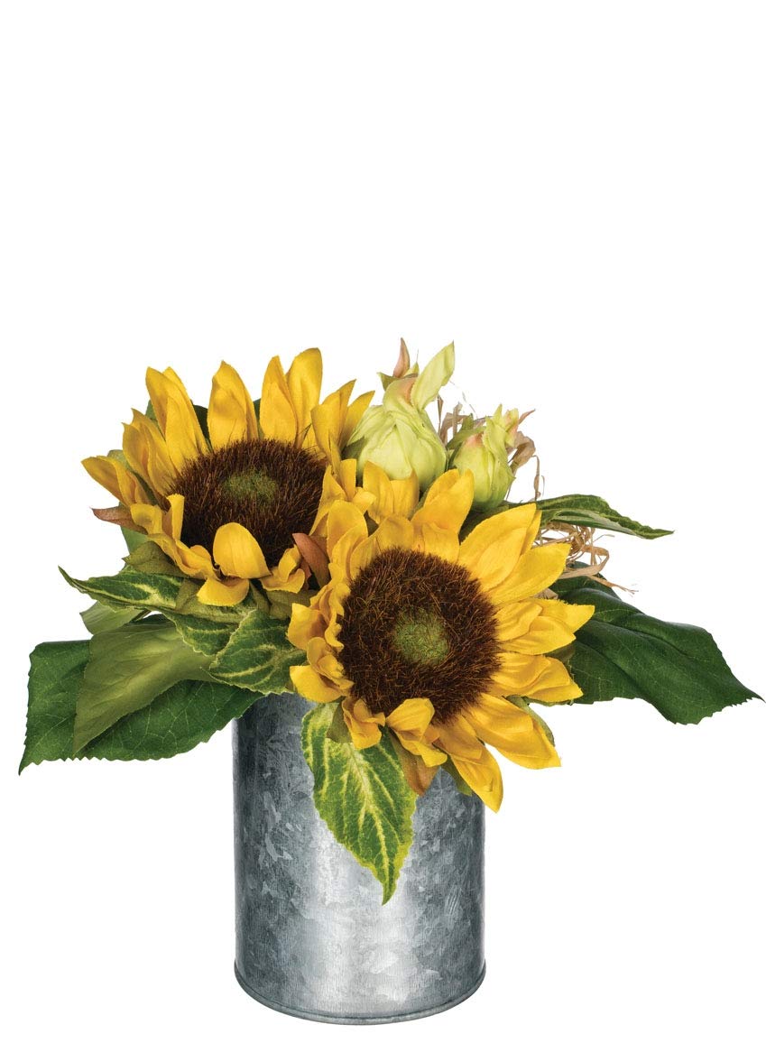 Artificial Sunflower Plants in Galvanized Metal Pot - 9 Inch Fake Potted Flowers for Home Decor, Office Desk, Wedding Centerpieces & Farmhouse Style Decorations