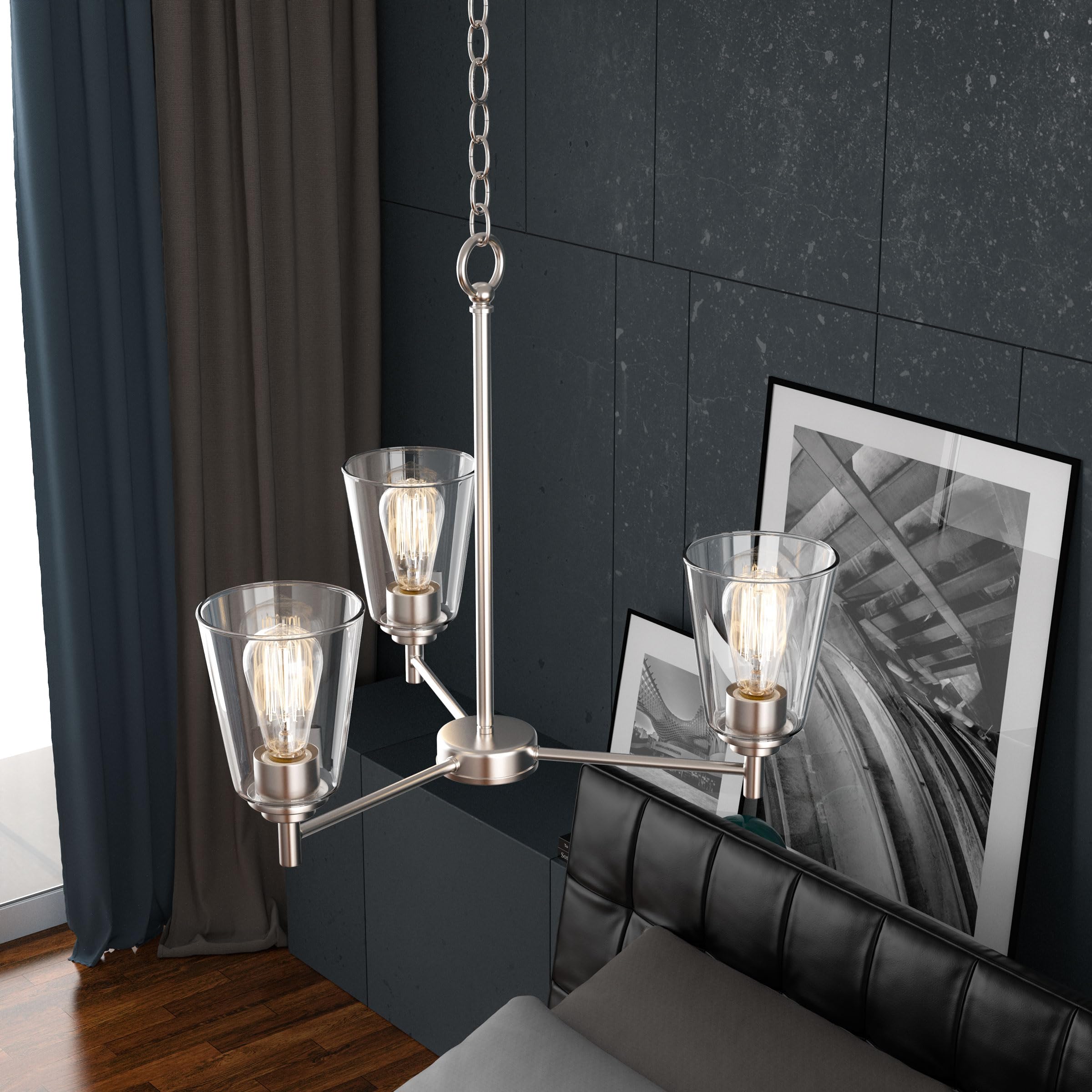 LEDMyplace 3-Lights Flared Island Chandelier - Clear Glass Shade, Brushed Nickel Finish, E26 Base - Modern Ceiling Pendant Light for Kitchen Island, Dining Room, Farmhouse Decor (Bulb Not Included) | Perfect for Home, Restaurant, and Cafe Lighting