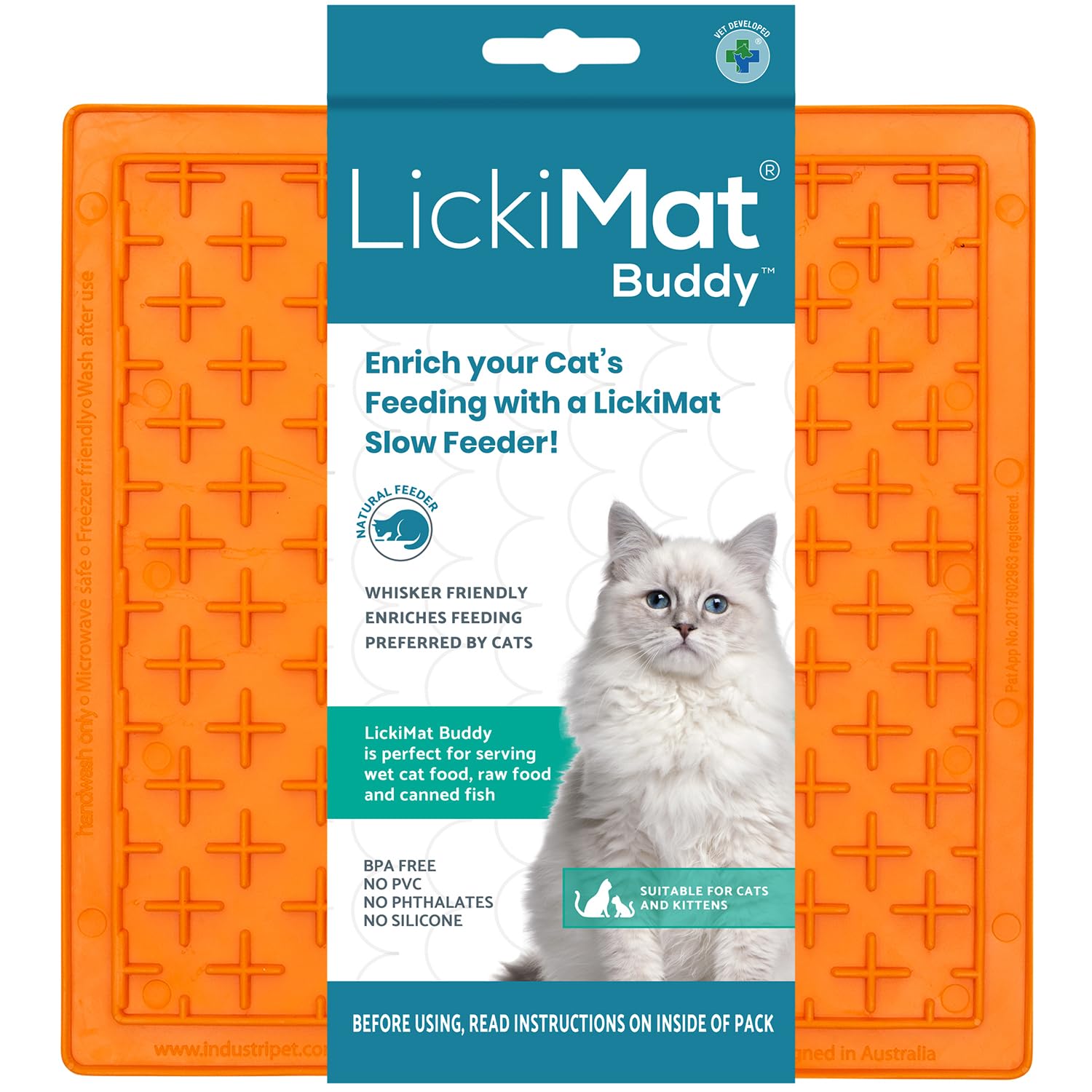 LickiMat Classic Buddy Cat Slow Feeder Lick Mat - Anxiety & Boredom Relief for Cats - Perfect for Food, Treats, Yogurt & Peanut Butter - Fun Alternative to Slow Feed Bowls - Orange - Great for Mealtime Enrichment & Stress Reduction