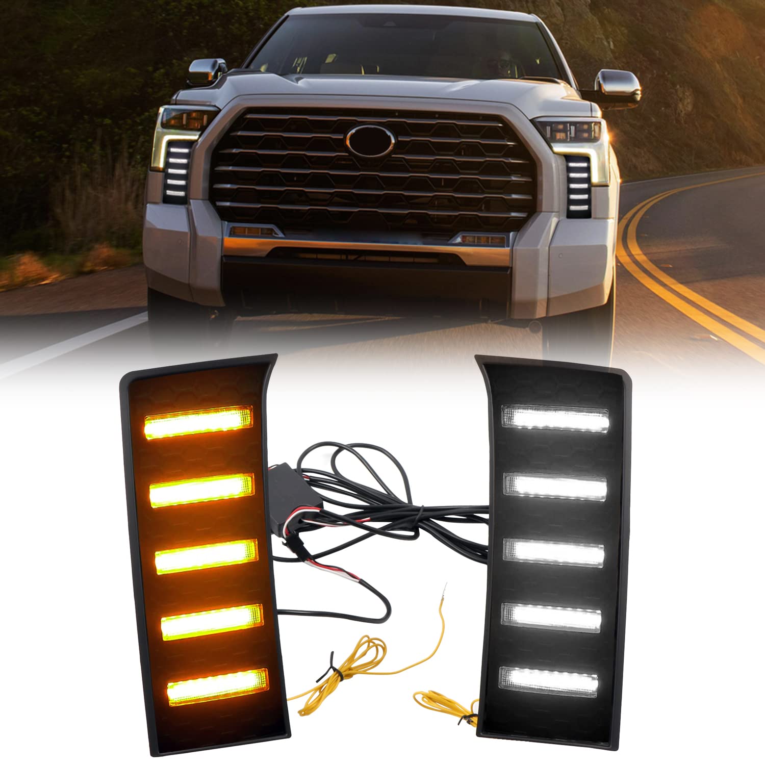 2022-2025 Toyota Tundra LED Fog Lights with White DRL & Amber Turn Signal - High Visibility Daytime Running Lights for Enhanced Safety | Perfect for Off-Roading, Night Driving & Bad Weather Conditions