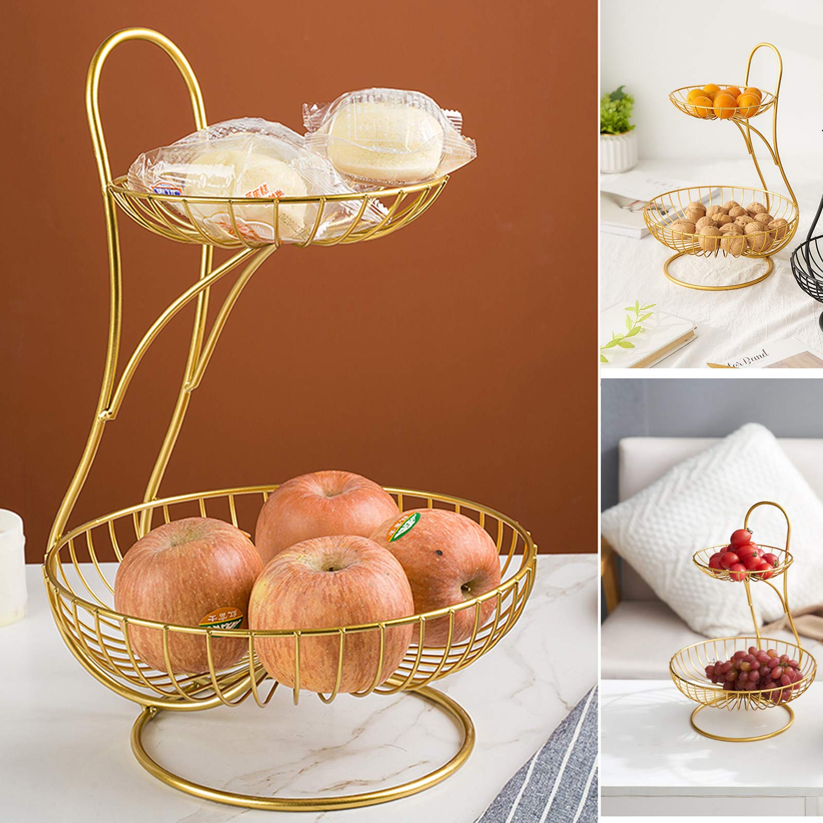 2 Tier Modern Fruit Basket for Kitchen Counter - Black/Gold & Gold - Stylish Storage for Fruits, Bread, Snacks & Vegetables - Perfect for Dining Table Display & Home Decor