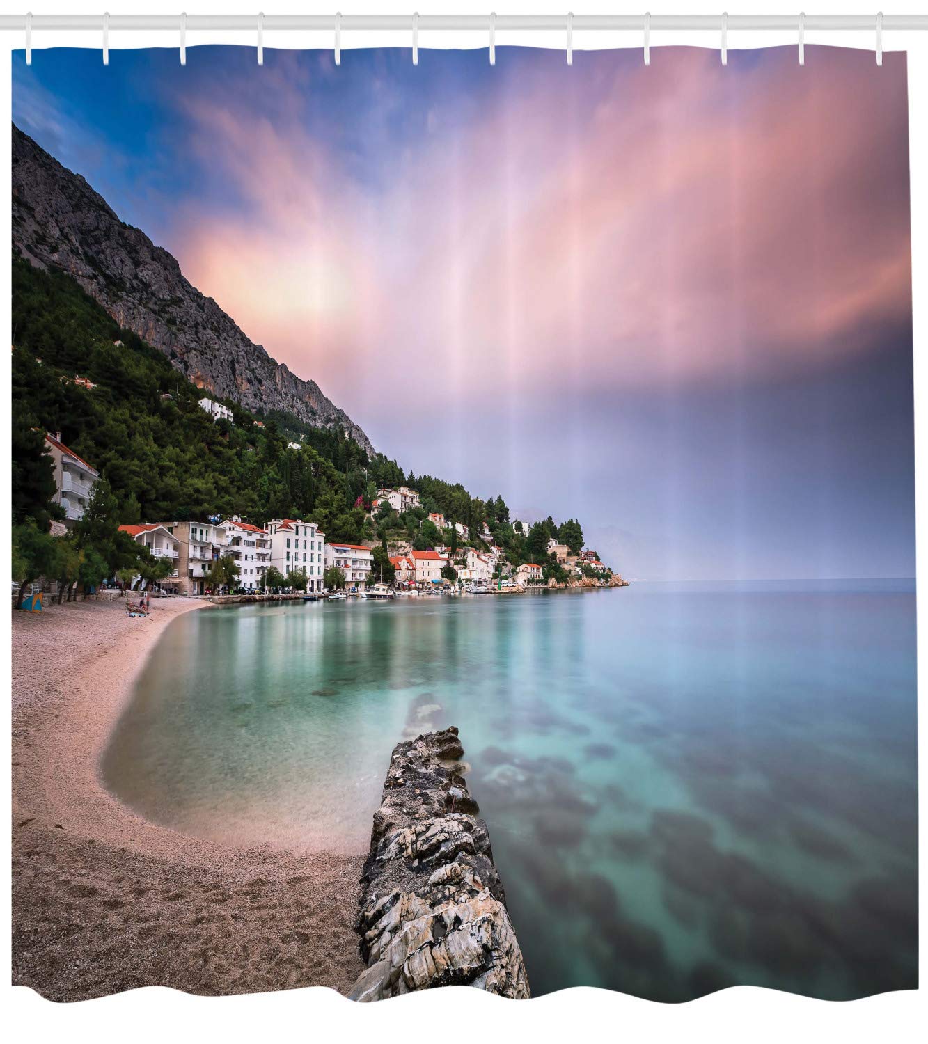 Ambesonne Croatia Shower Curtain - Adriatic Beach & Mimice Village Sunrise Design, 69x70 Inch Waterproof Fabric Bathroom Decor with Hooks | Coastal Theme Bathroom Accessories for Beach House & Vacation Home Decor