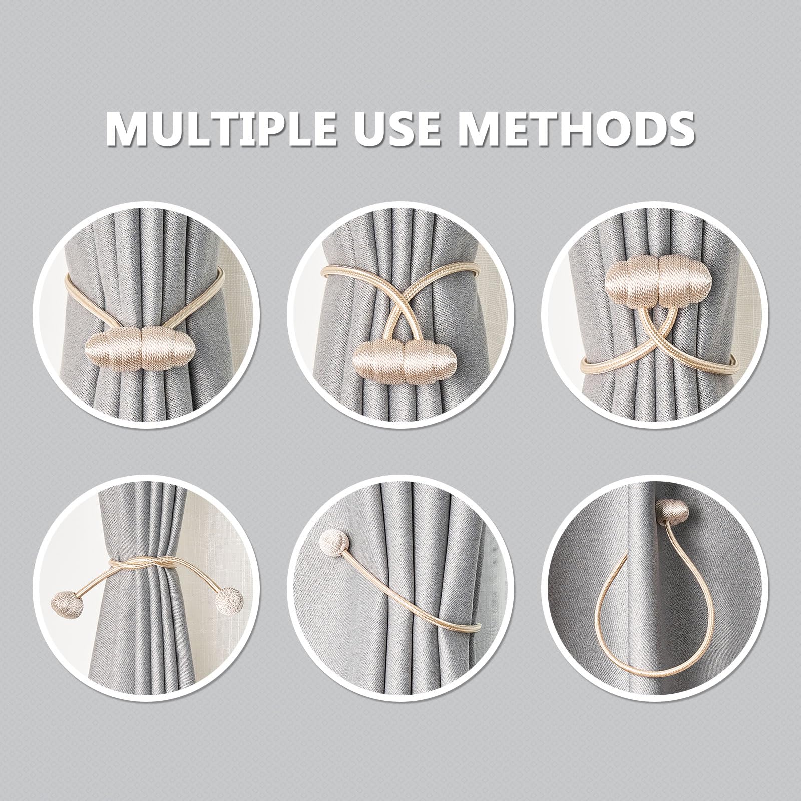 NICEEC 4 Pack 16 Inch Magnetic Curtain Tiebacks - Handwoven Rope Drapery Holdbacks for Windows, Modern Elegant Beige Curtain Drape Tie Backs for Living Room, Bedroom & Outdoor Use