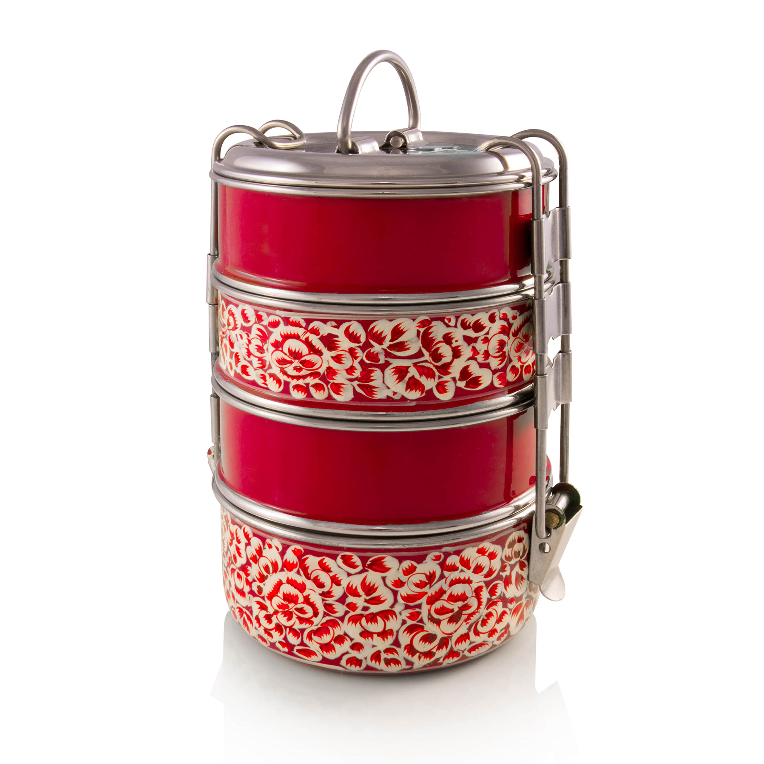 4 Tier Red Handpainted Tiffin Box - Indian Stainless Steel Lunch Container for Office, School & Picnics - Stackable Food Storage Carrier for Meals, Snacks & Leftovers