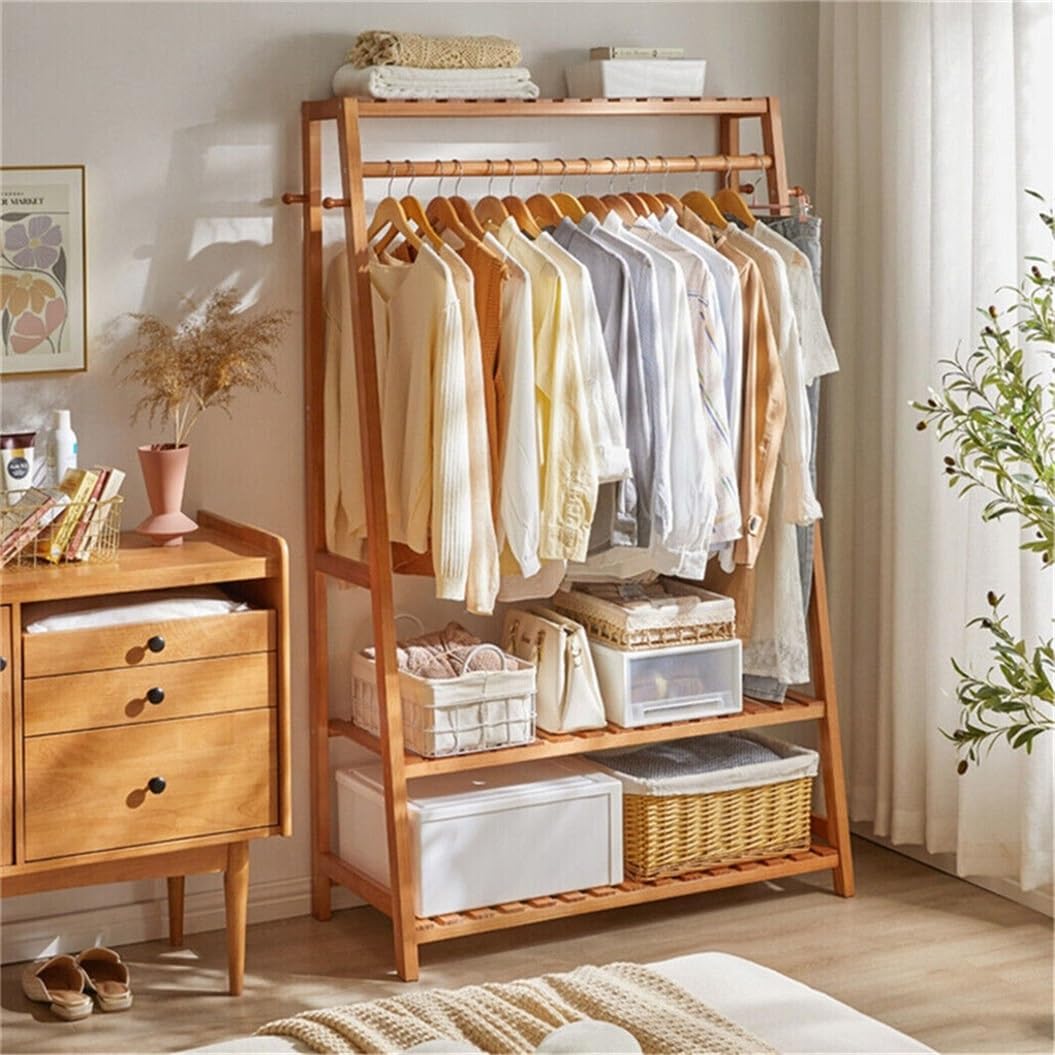 Wooden Floor Standing Clothes Rack - Open Wardrobe Bamboo Coat Hanger with Shoe Rack, Multifunctional Bedroom Clothing Organizer for Jackets, Dresses & Accessories - Perfect for Small Spaces, Dorm Rooms & Closet Organization