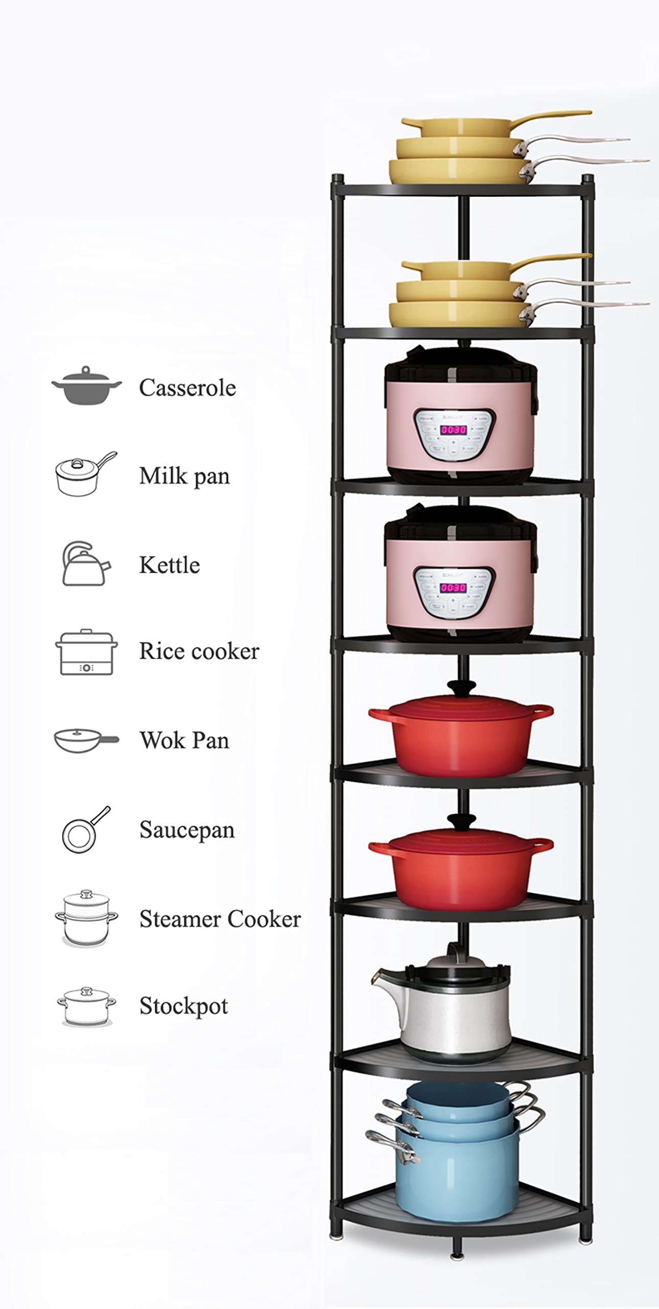 8-Tier Kitchen Pot Rack Organizer - Heavy Duty Metal Cookware Stand with Multi-Layer Storage Shelves for Pots, Pans & Utensils - Space Saving Corner Shelf for Small Kitchen Organization & Storage Solutions