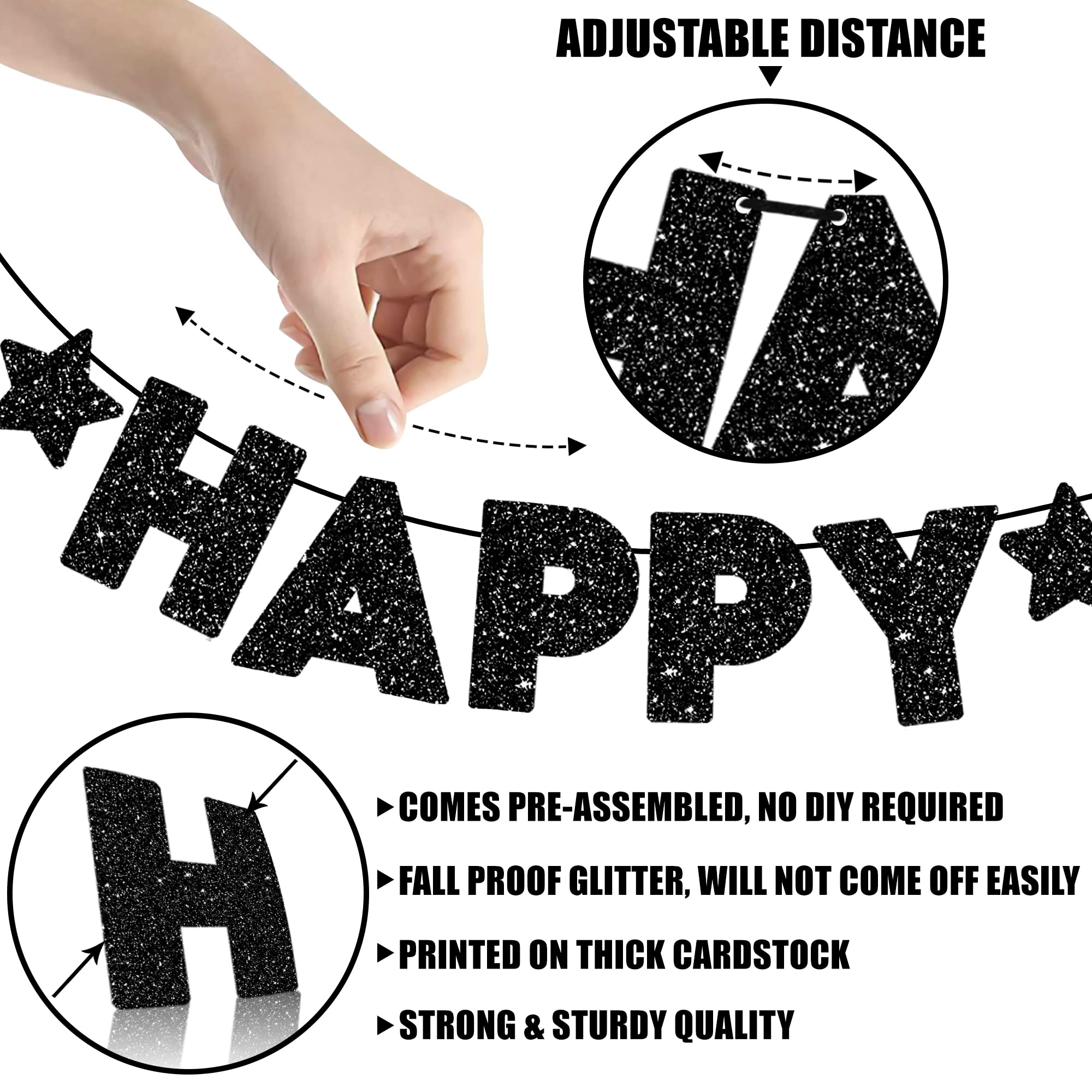 KatchOn 10ft Glitter Happy New Year Banner 2025 - Pre-Strung Black NYE Party Decor | New Year's Eve Sign, Garland & Celebration Supplies for Home, Office & Event Decorations