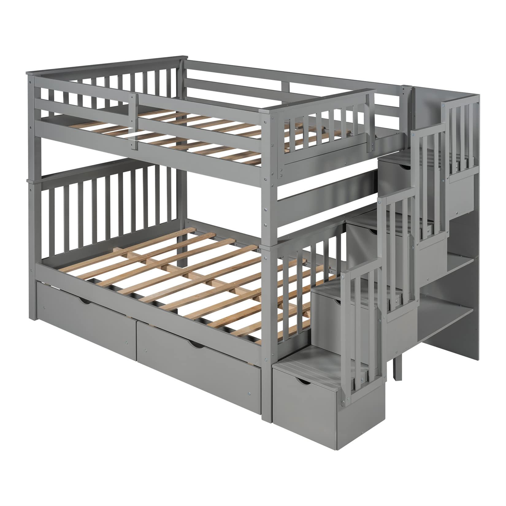 Full Over Full Bunk Bed with Storage & Stairs - Space-Saving for Kids & Adults