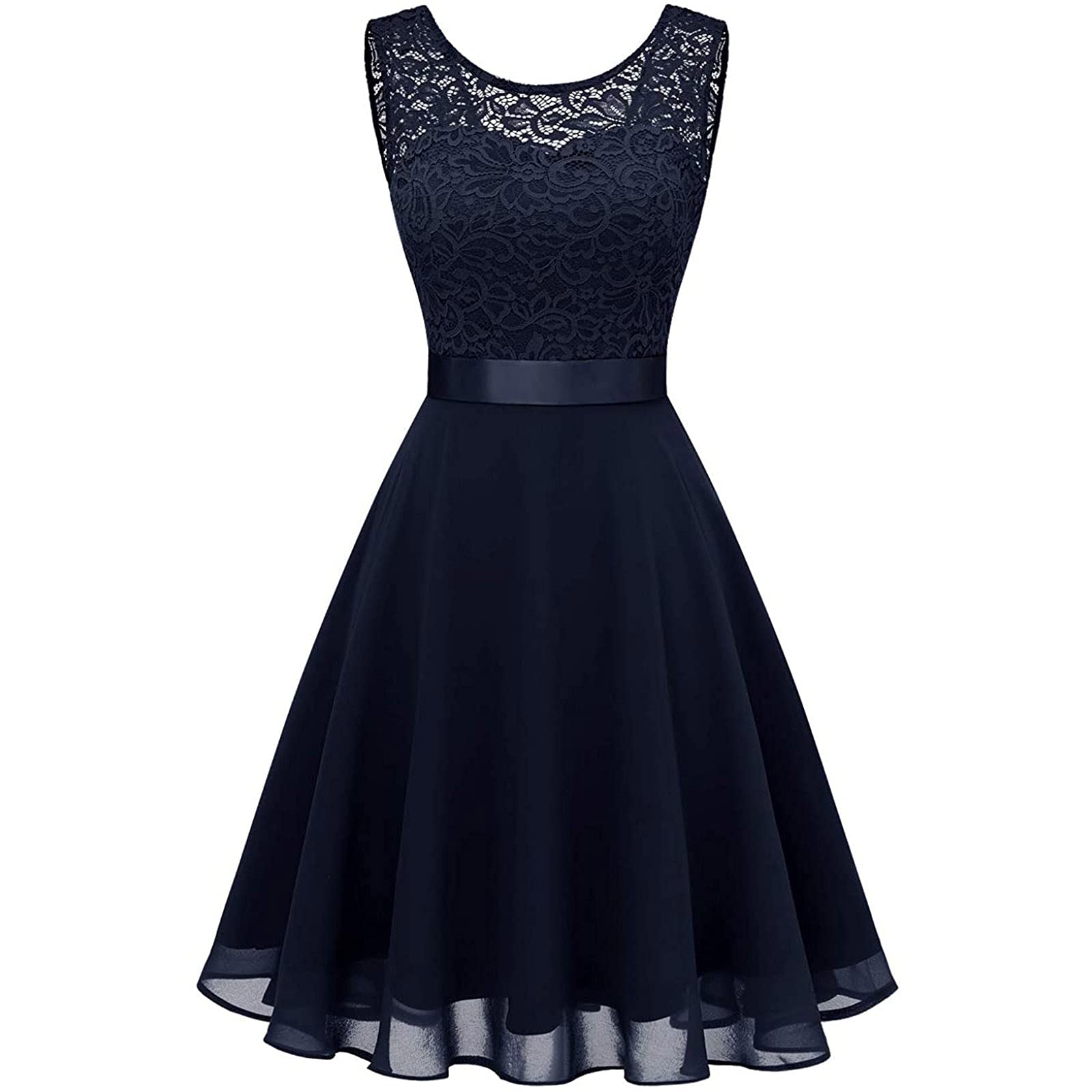 Elegant Lace Sleeveless Wedding Guest Dress for Women – Mother of the Bride Formal Gown with Round Neck & Loose Belt | Perfect for Weddings, Parties & Special Occasions