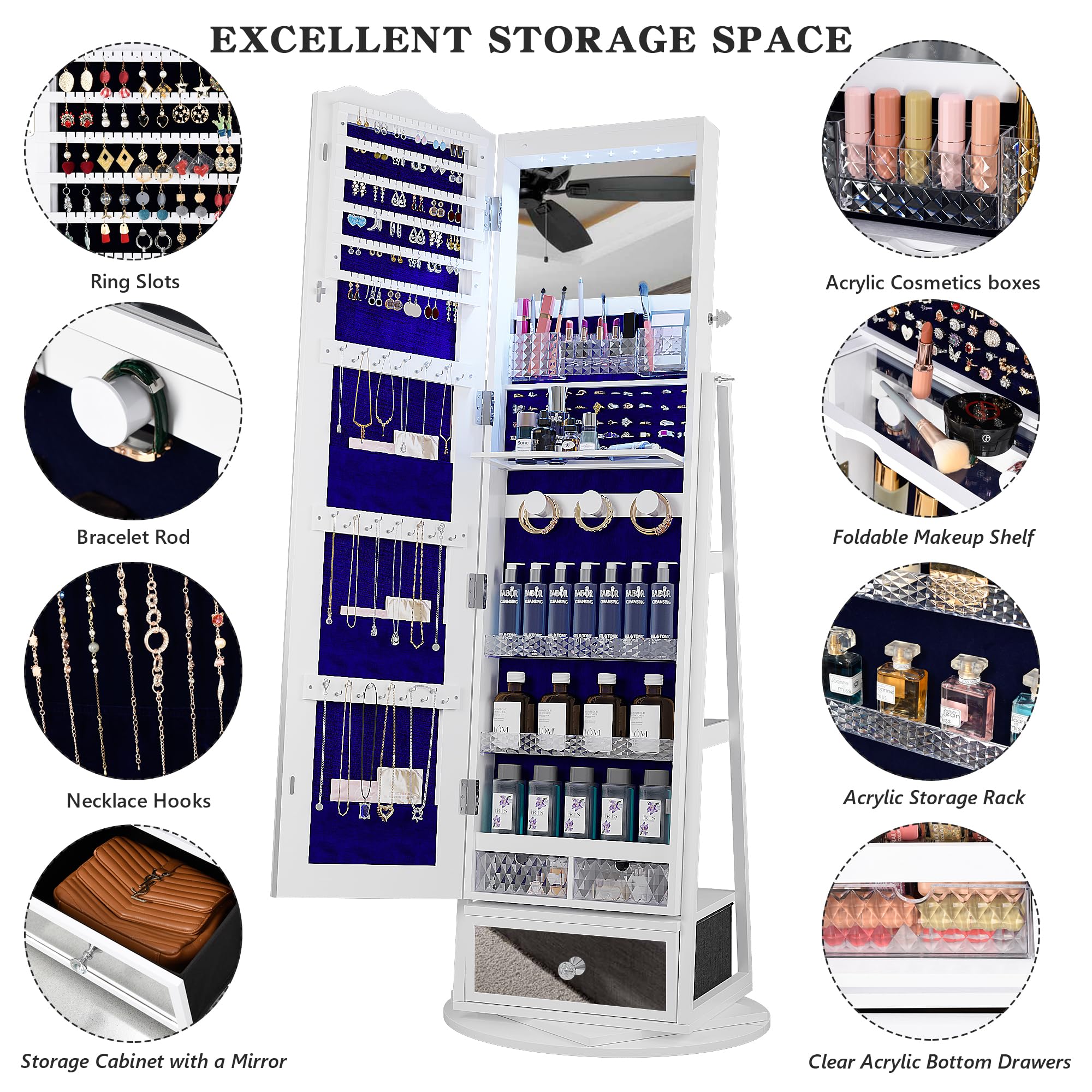 360° Rotating Jewelry Armoire with Full Length Mirror - Large Capacity Jewelry Organizer with LED Lights & Lock - Floor Standing Mirror with Storage Shelves for Necklaces, Rings & Accessories - Perfect for Bedroom, Closet & Dressing Room (White)