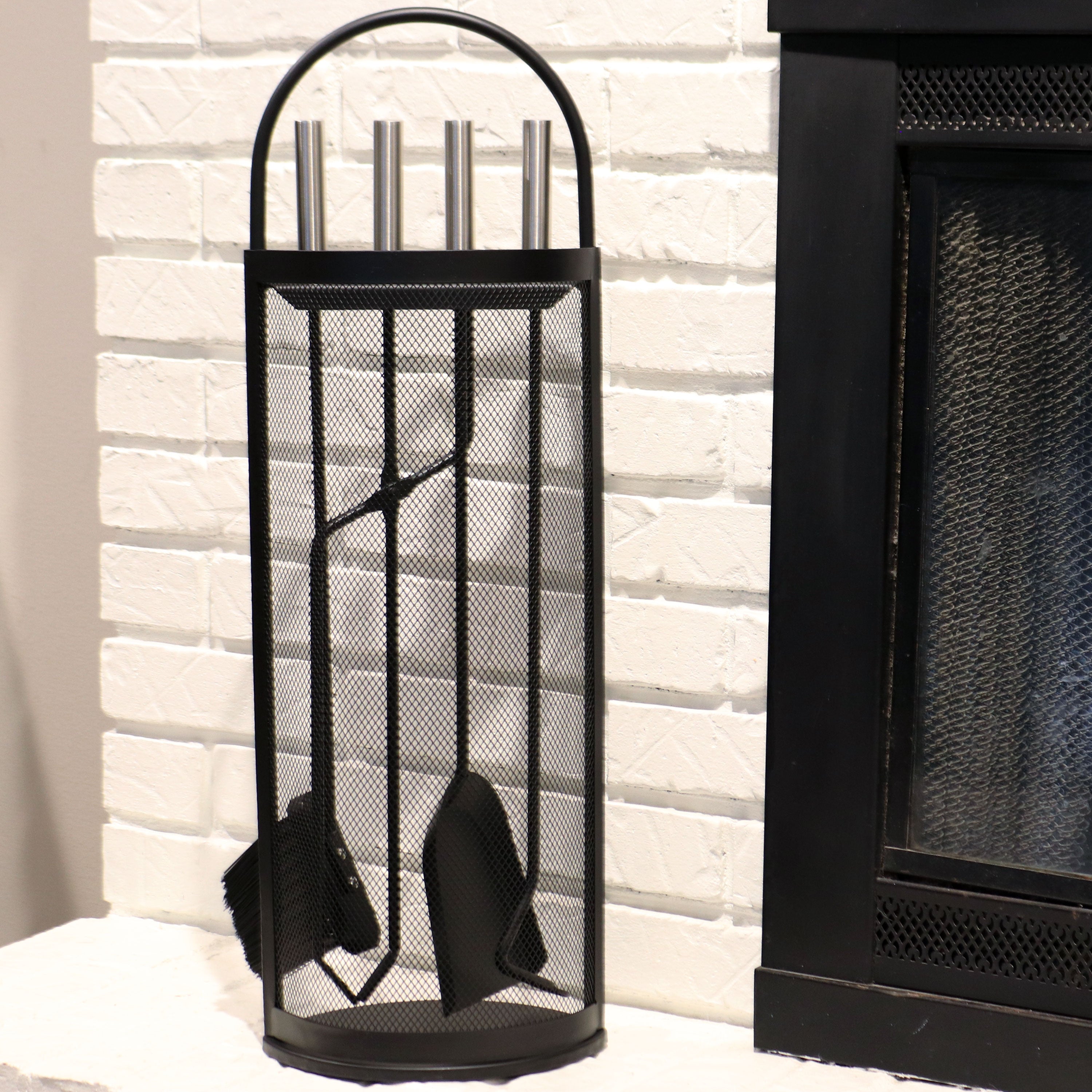 Sunnydaze 4-Piece Fireplace Tool Set with Mesh Shroud Holder - Heavy Duty Fireplace Accessories for Wood Burning Stoves & Fire Pits - Perfect for Indoor & Outdoor Use
