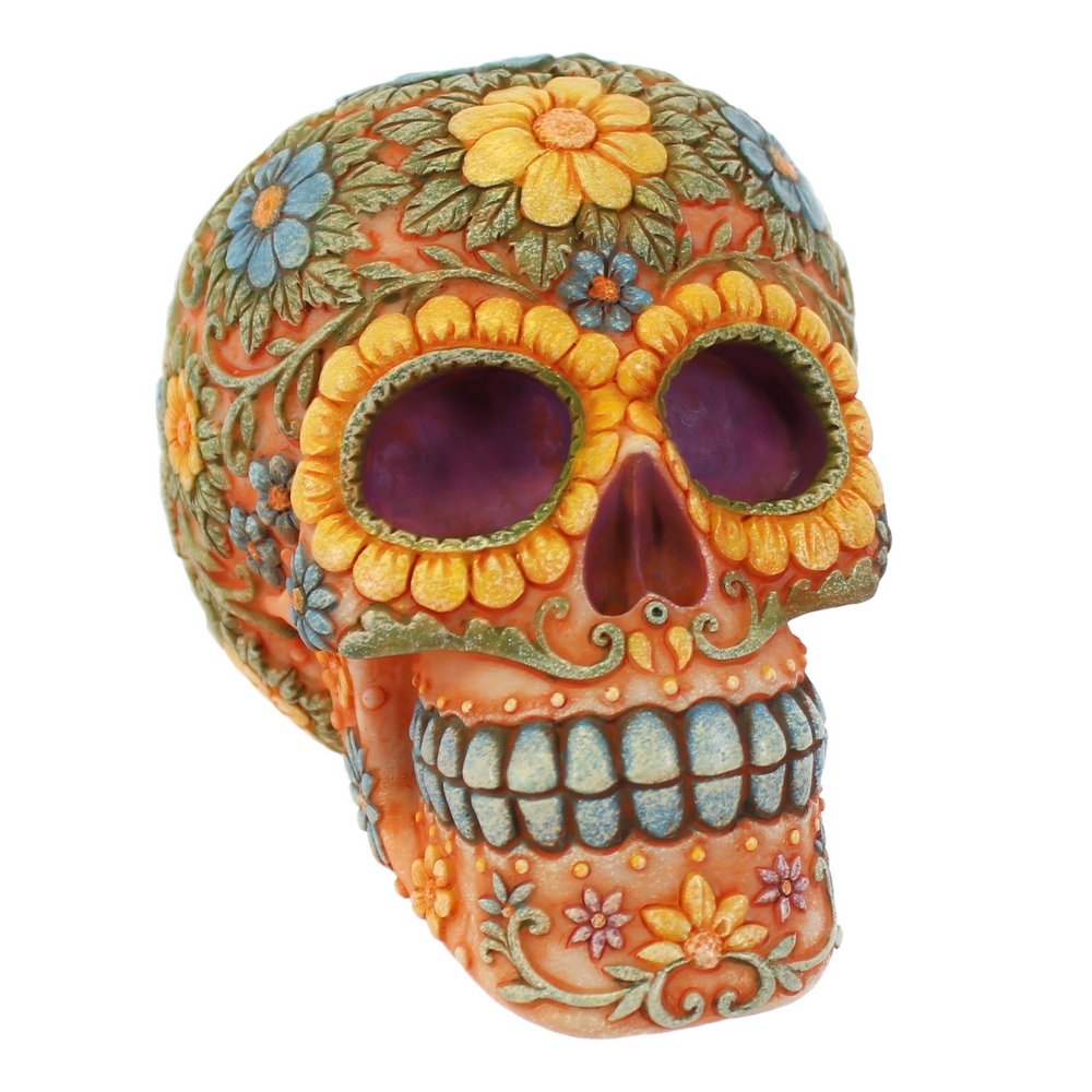 Wholesale Floral Sugar Skull Decor - Orange Day of the Dead Candy Skull for Halloween, Dia de los Muertos Party & Home Altar Decorations