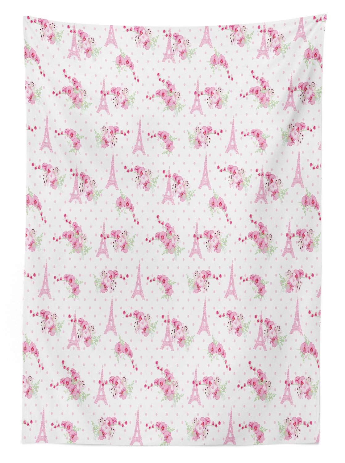 Ambesonne Parisian Floral Outdoor Tablecloth - Pink Flower Bouquet & Eiffel Tower Design on Polka Dots, Washable Picnic Table Cover 58x120 Inches (Pale Pink, Green, White) - Perfect for Garden Parties, Romantic Dates & Outdoor Dining