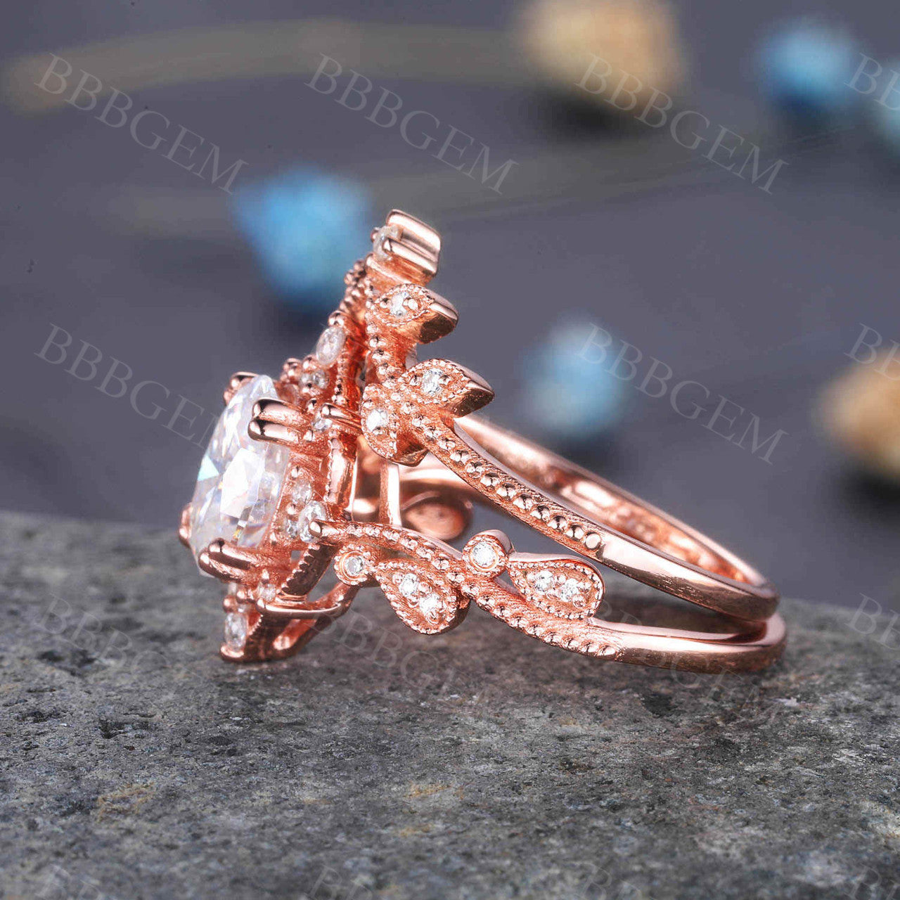 Rose Gold Oval Moissanite Engagement Ring Set with Diamond Matching Band - Art Deco Milgrain Wedding Ring for Women | Perfect for Proposals, Anniversaries & Bridal Jewelry